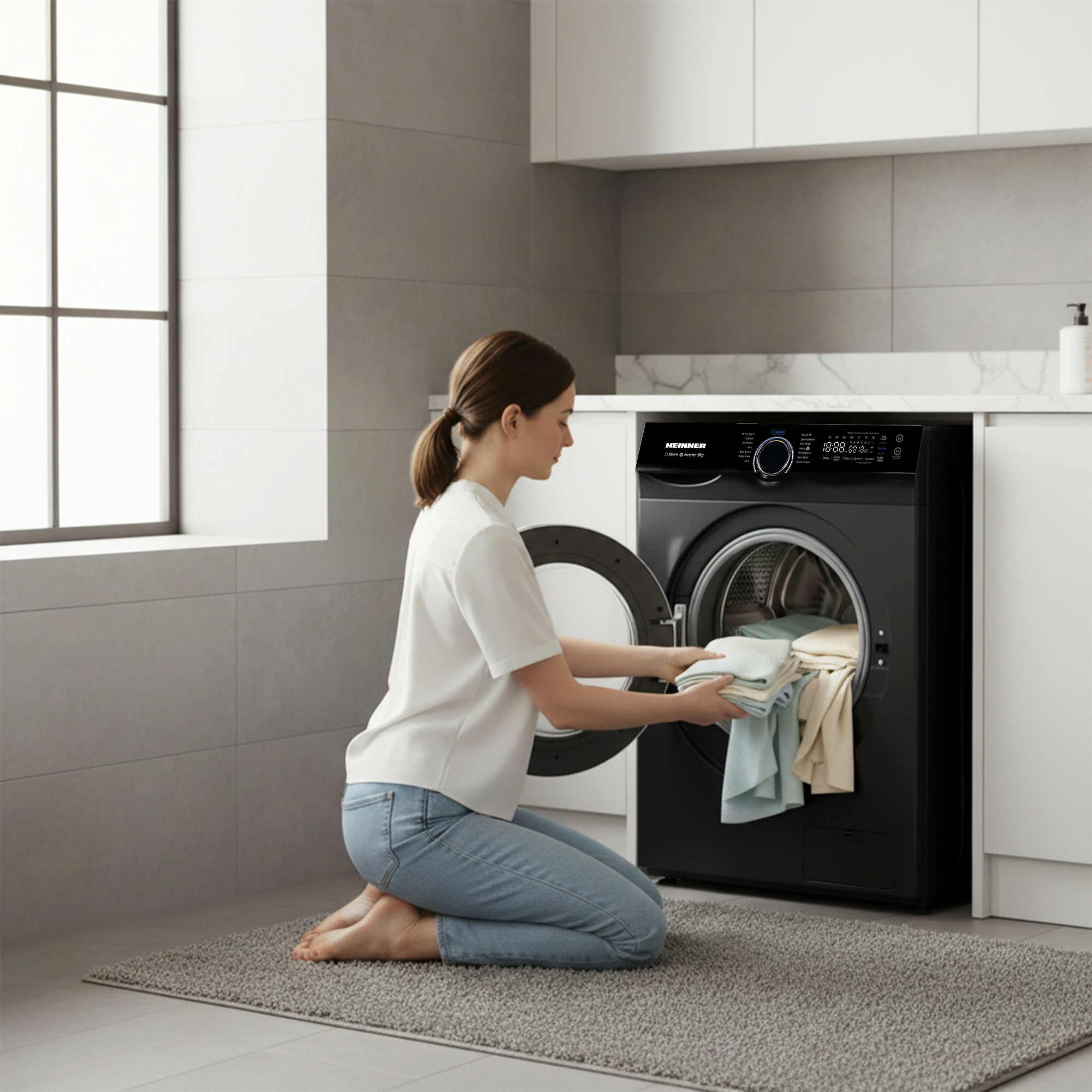 Een vrouw knielt en stopt kleding in een zwarte wasmachine in een wasruimte. Grijs tapijt, witte kasten en raam.