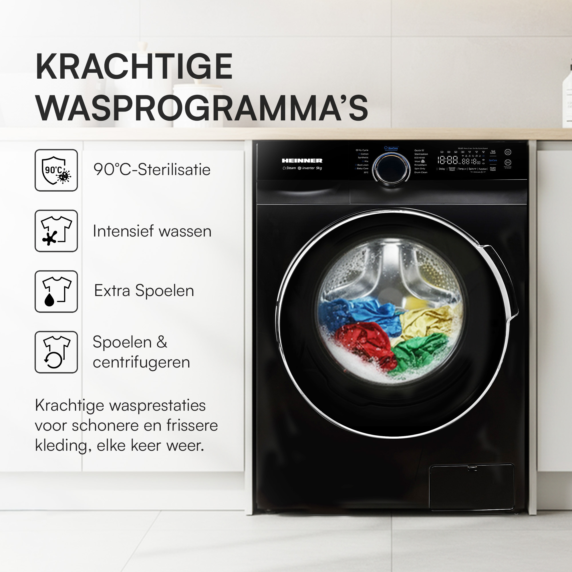 Zwarte wasmachine met kleding erin. Tekst: wasprogramma's, sterilisatie, wassen en meer.