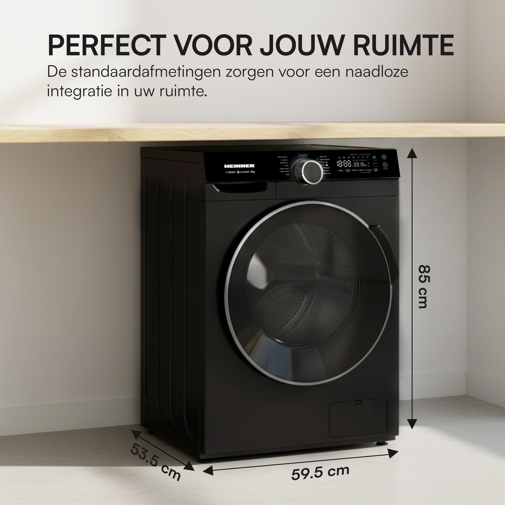 Een zwarte wasmachine met afmetingen. Bovenstaande tekst zegt: 'Perfect voor jouw ruimte'.