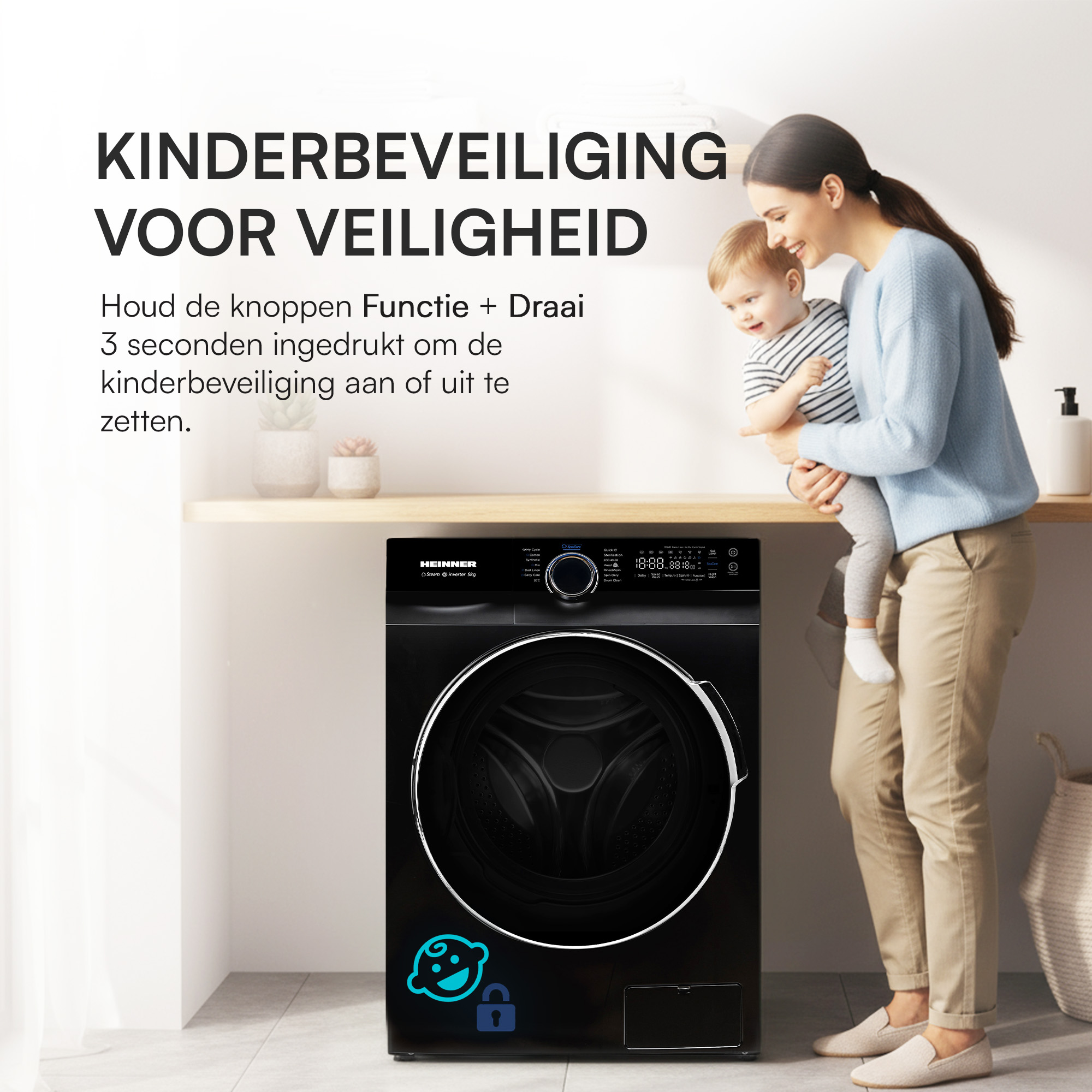 Een vrouw houdt een baby vast in de buurt van een wasmachine. De tekst hierboven luidt 'kinderbeveiliging voor veiligheid'.