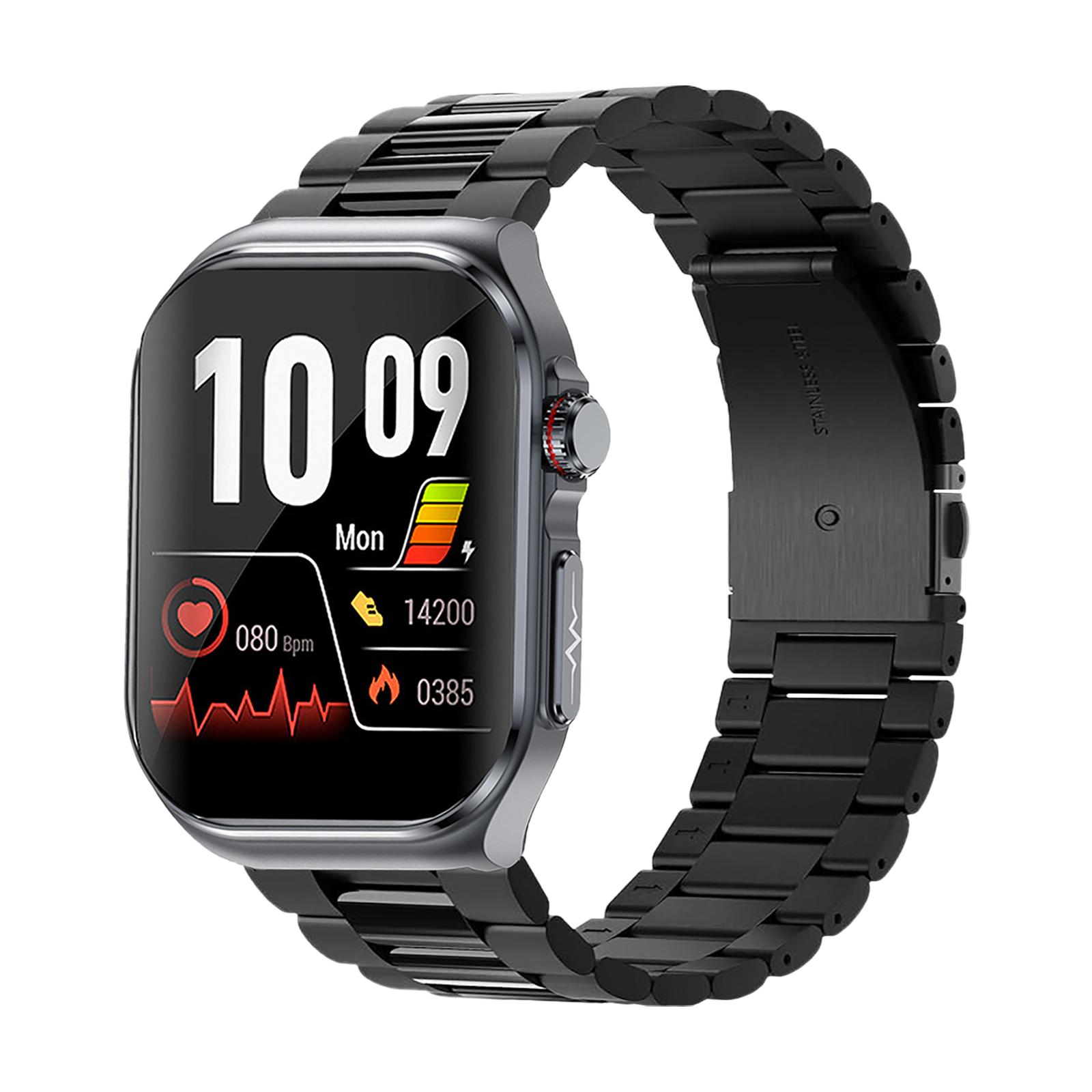 Eine schwarze Smartwatch zeigt Zeit, Herzfrequenz und Schritte an. Sie hat ein schwarzes Metallarmband, isoliert auf weißem Hintergrund.