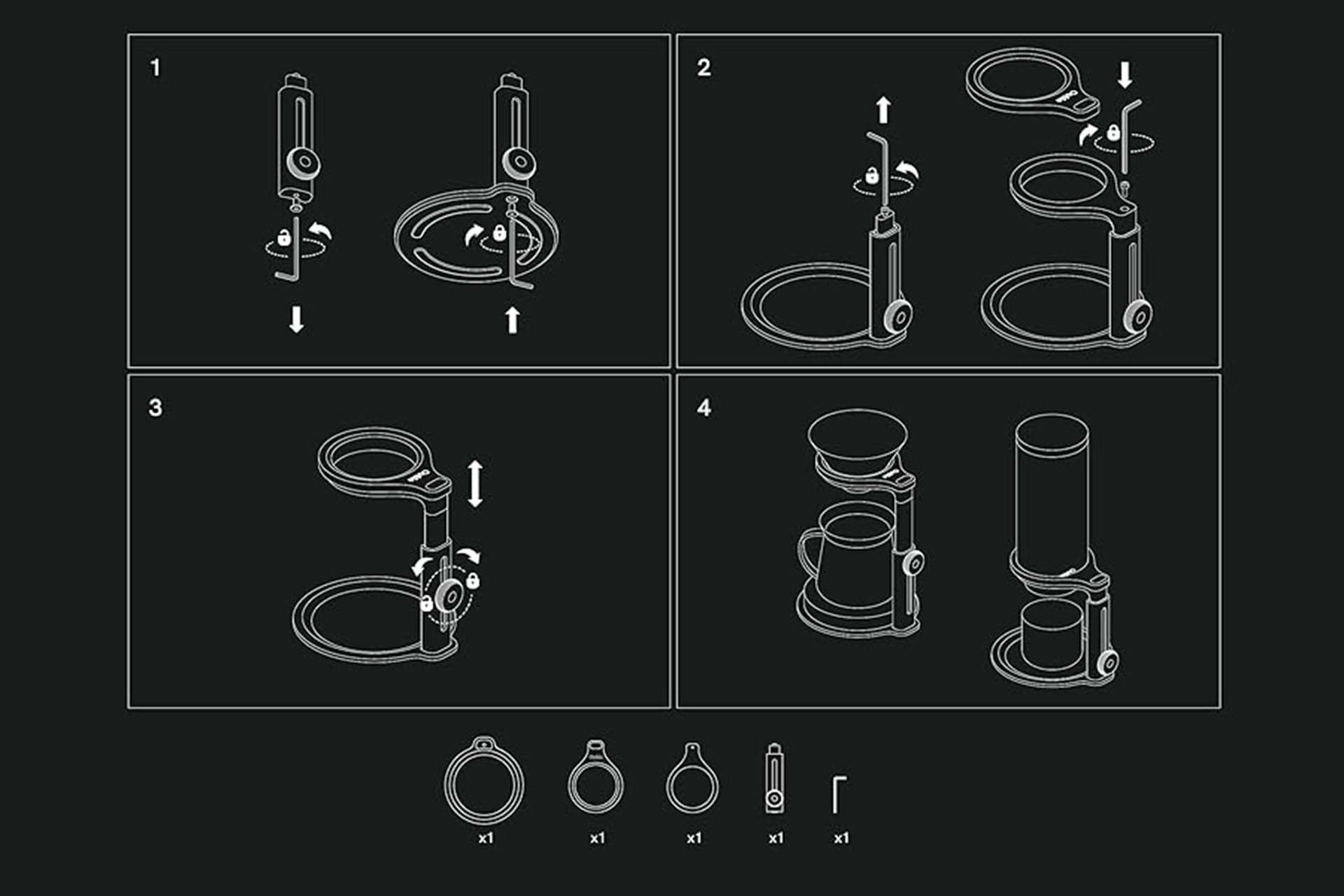Schematy instruktażowe do montażu urządzenia do kawy. Kroki są numerowane ze strzałkami wskazującymi kierunek montażu. Komponenty są pokazane.