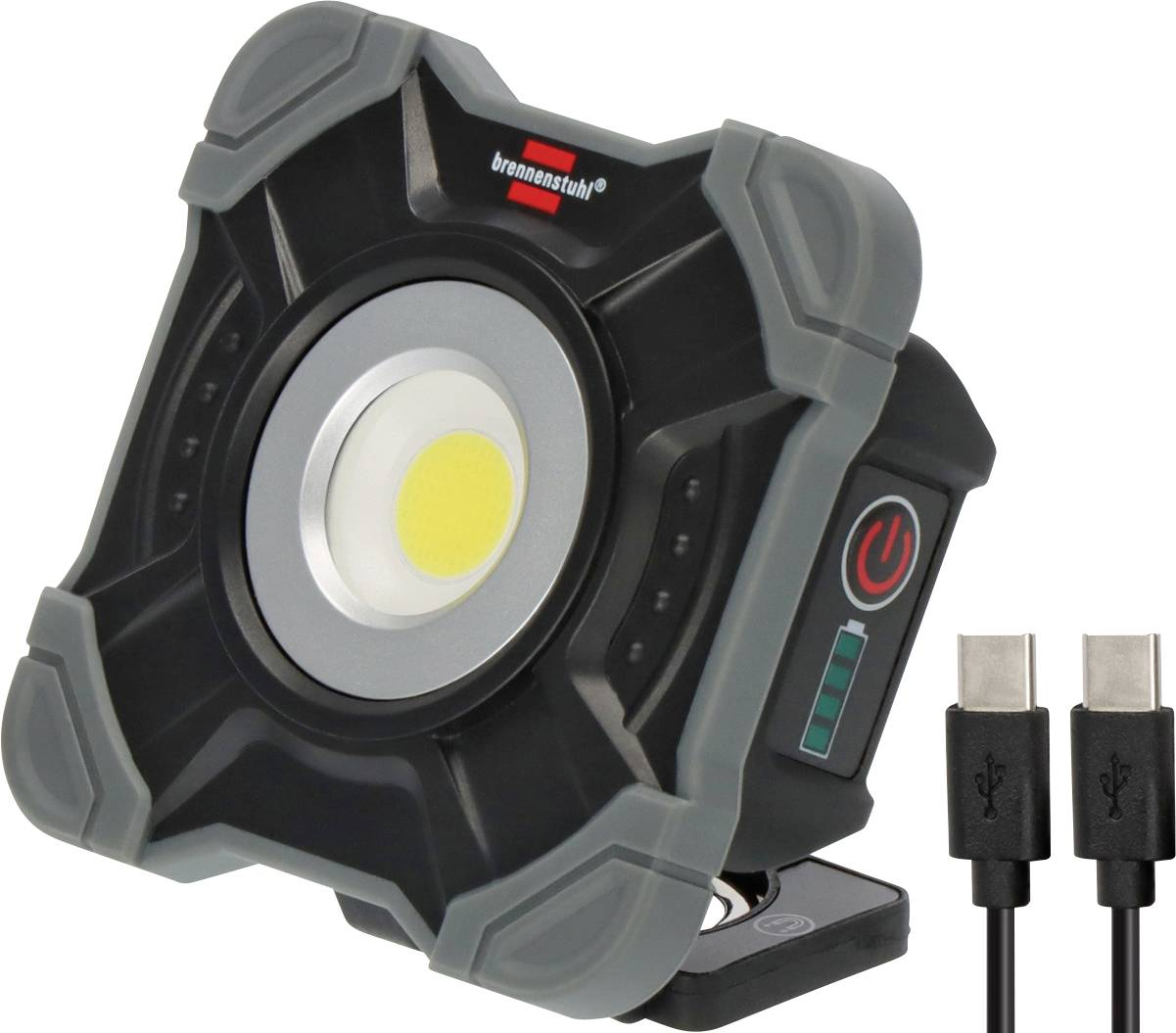 Una lampada da lavoro nera e grigia con centro luminoso e pulsante di accensione. Sono visibili anche due cavi USB-C.