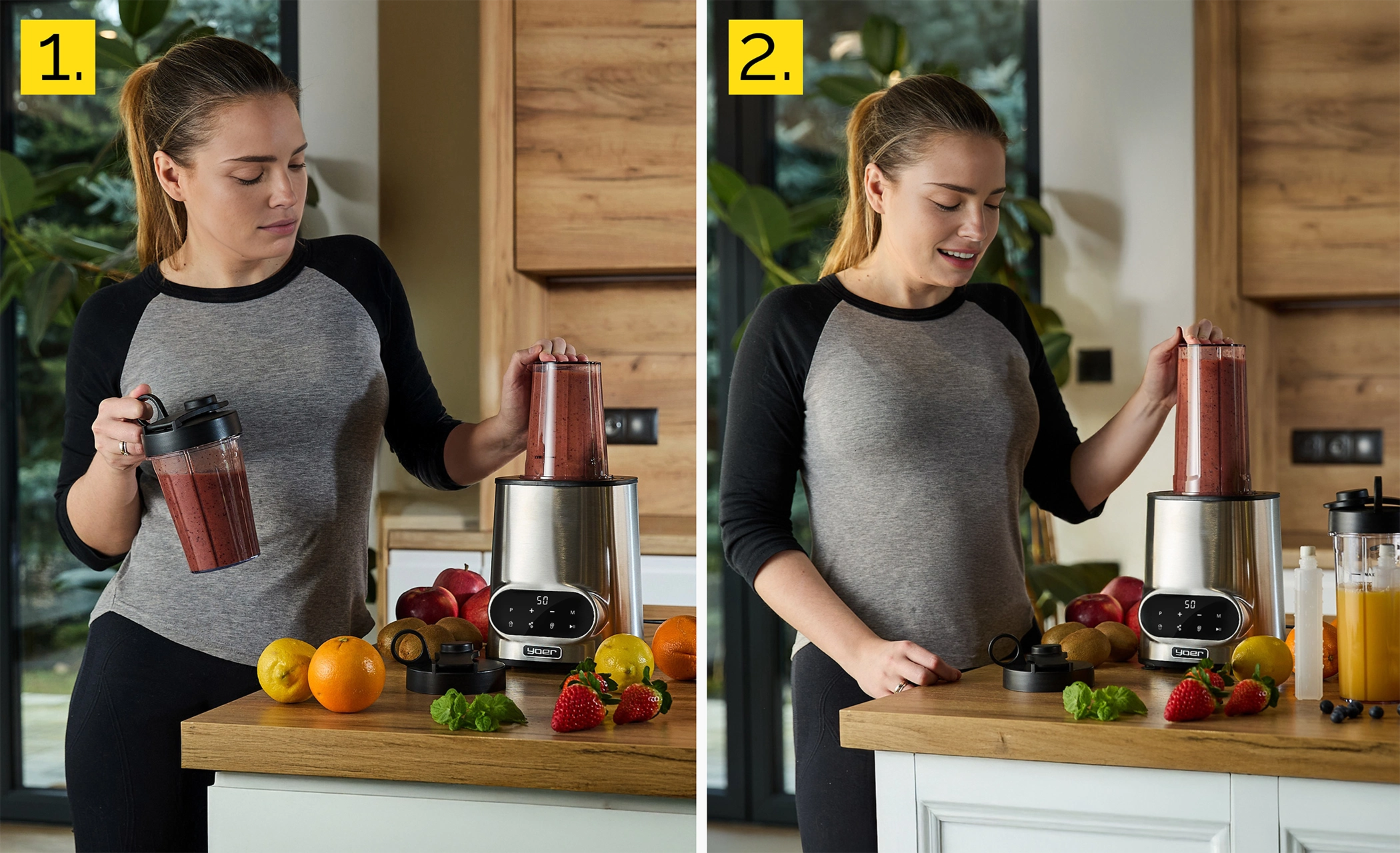 Kobieta robi smoothie z blenderem. Owoce takie jak truskawki, kiwi i pomarańcze są na blacie.