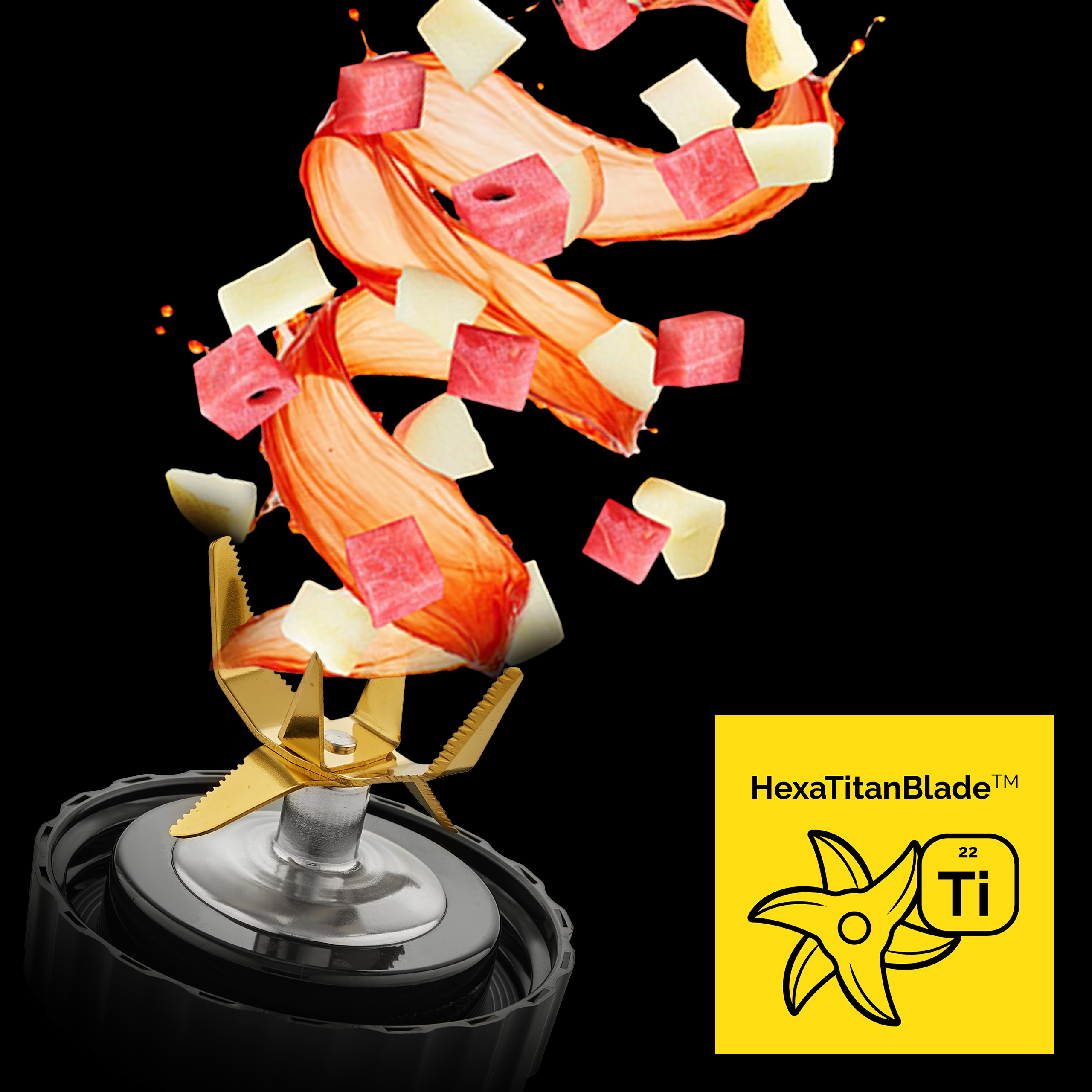 Blender ze złotymi ostrzami. Pokrojone owoce i sok wirują nad nim. Żółty kwadrat z tekstem i logo po prawej stronie.