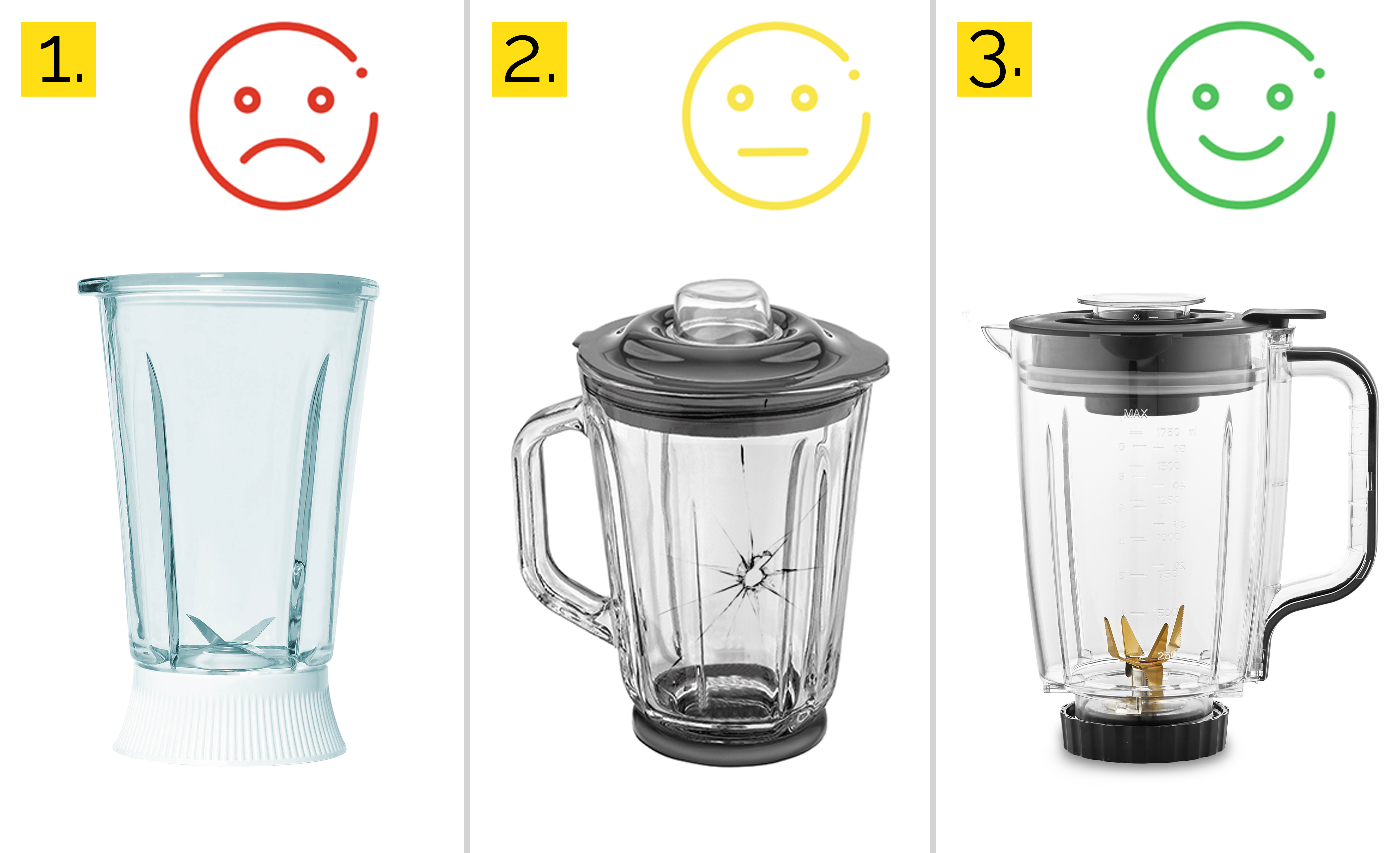 Trzy blendery: pierwszy pusty, drugi uszkodzony, trzeci kompletny.