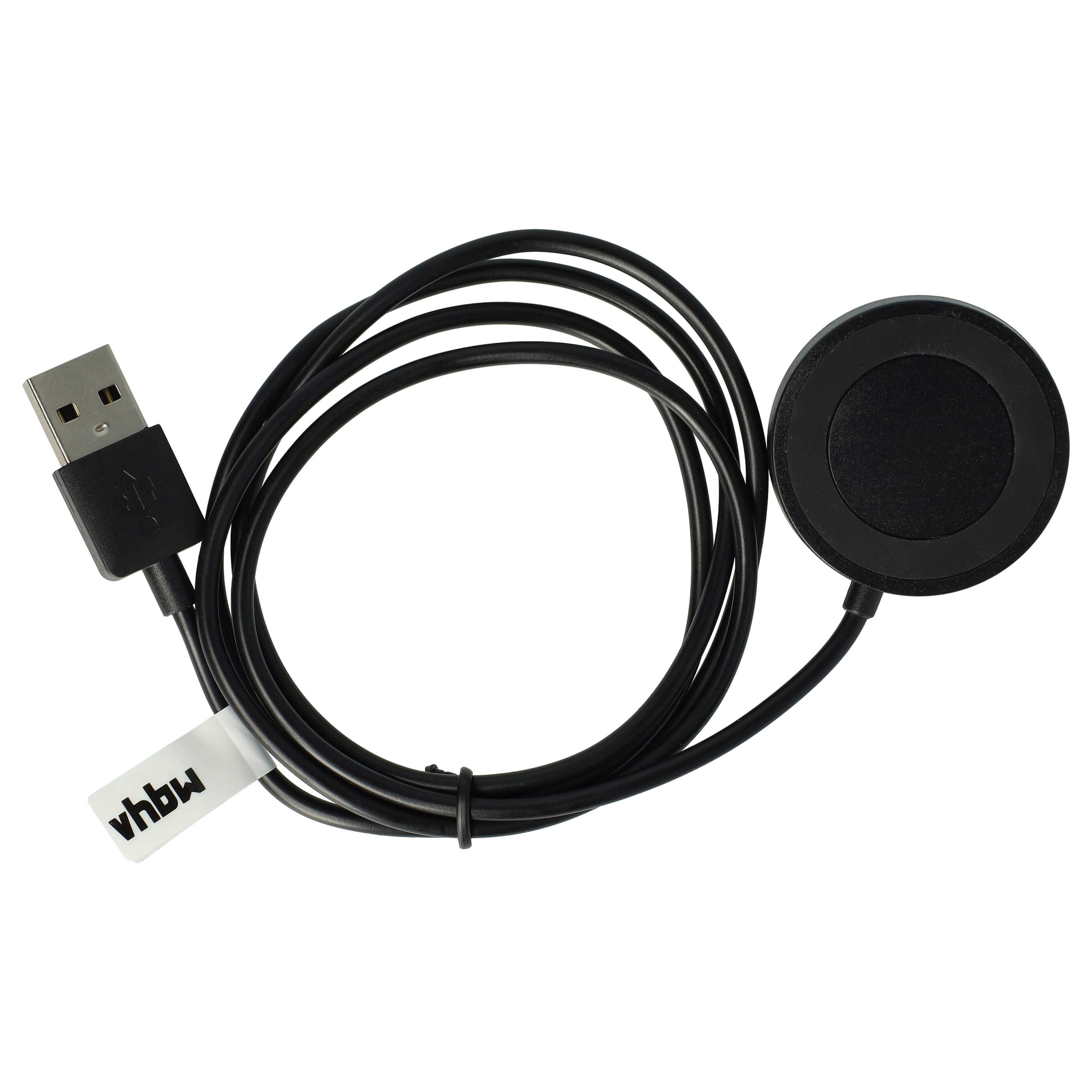 Eine schwarze Ladestation mit einem USB-Kabel. Das Kabel ist aufgerollt. Ein weißes Etikett sagt 'vhbw'.