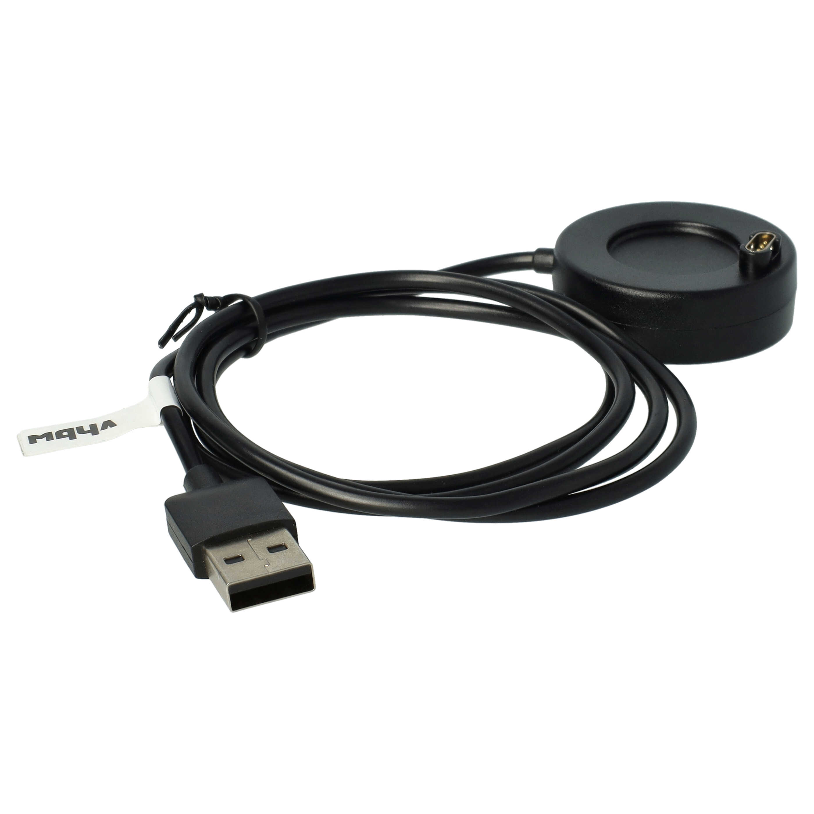 Ein schwarzes USB-Kabel mit einem runden schwarzen Stecker und einem USB-Anschluss. Weißer Hintergrund.