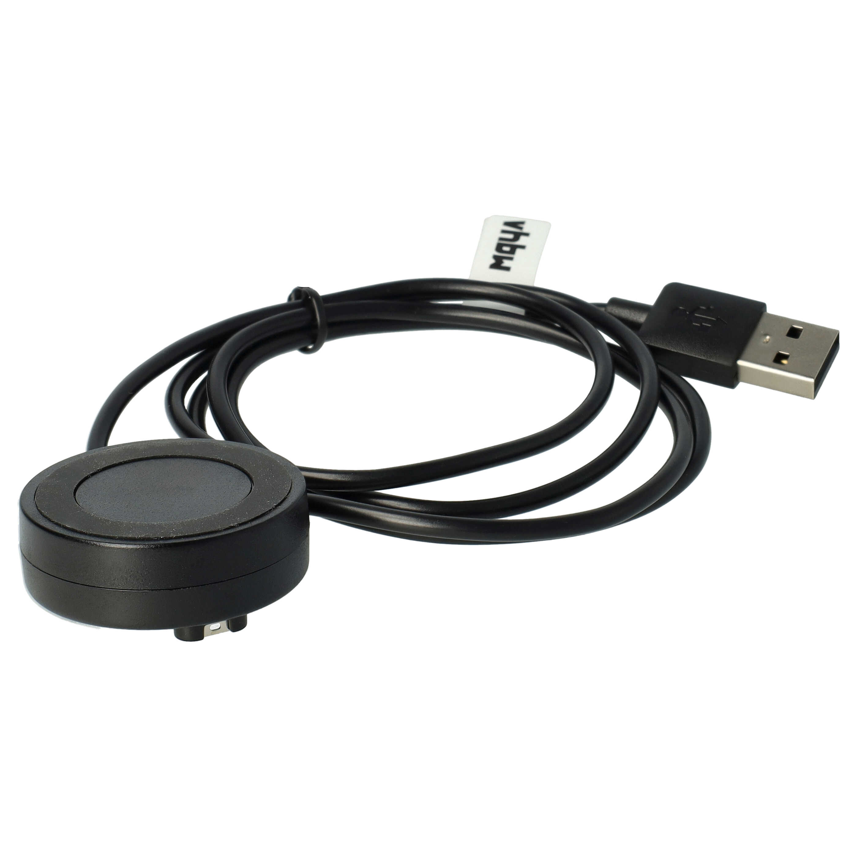 Schwarzes Ladekabel mit runder Ladebasis und USB-Anschluss. Weißer Hintergrund.