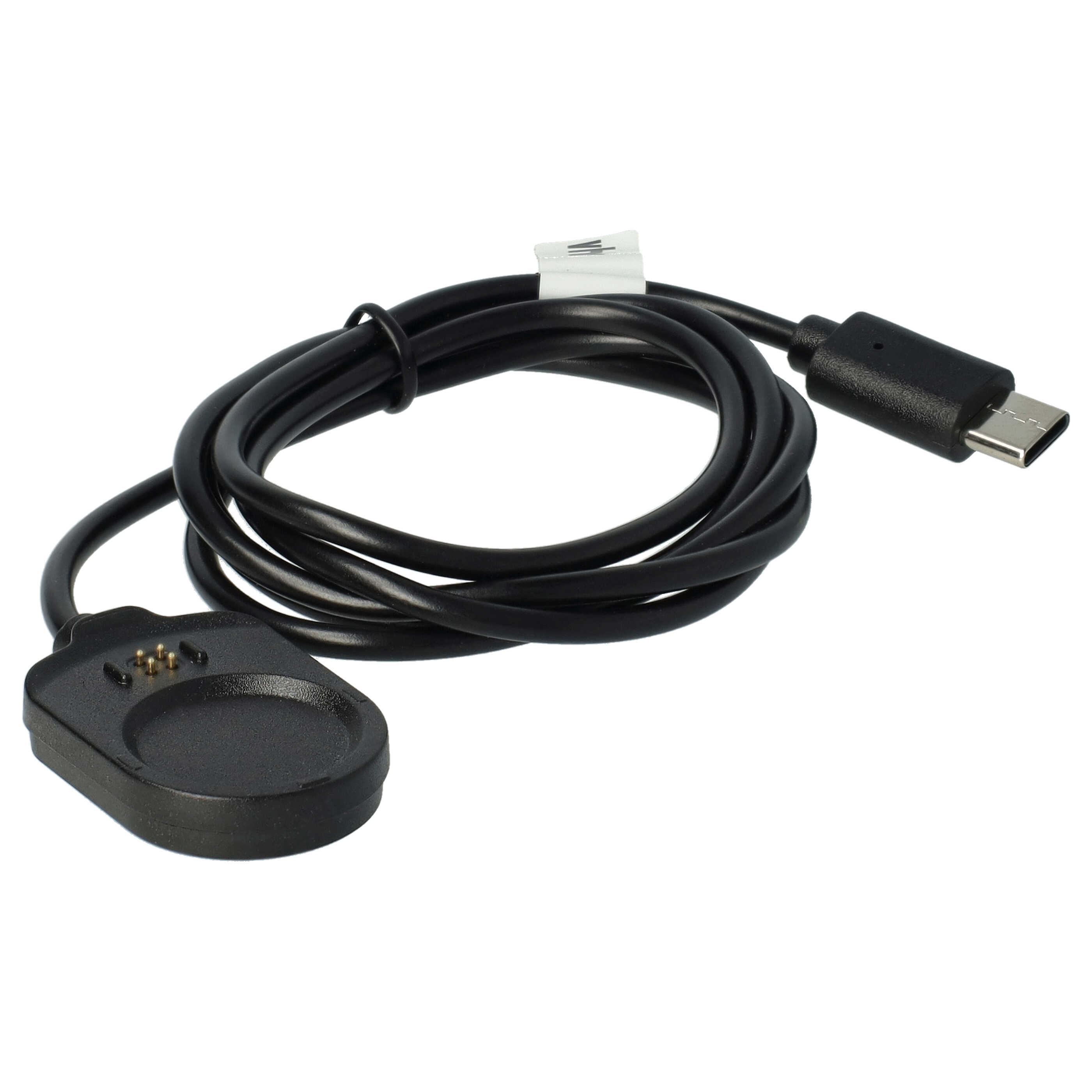 Schwarzes Uhrenladekabel. Es hat eine Ladebasis und einen USB-C-Anschluss. Das Kabel ist aufgerollt.