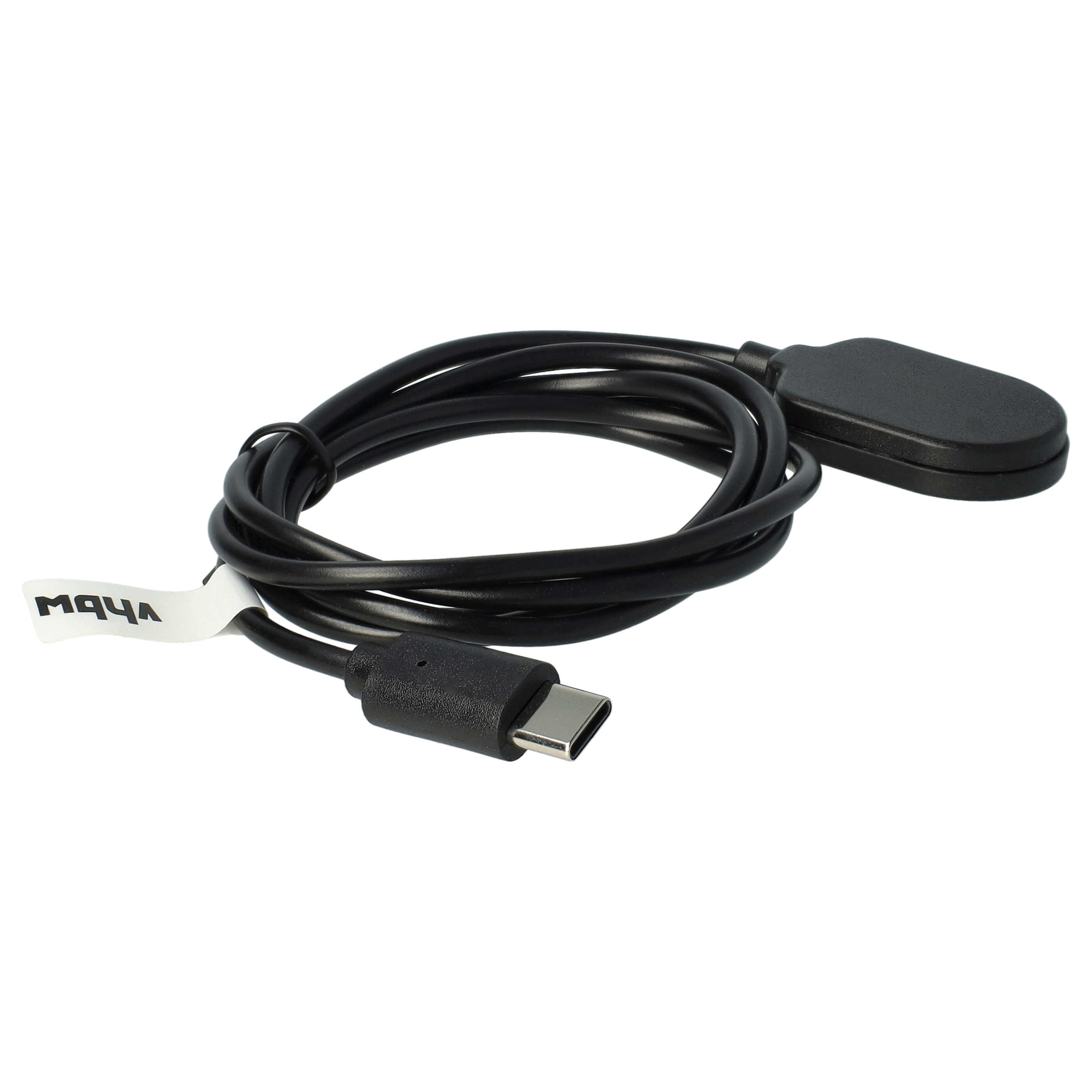 Ein schwarzes USB-C-Kabel mit Stecker und Etikett auf weißem Hintergrund.