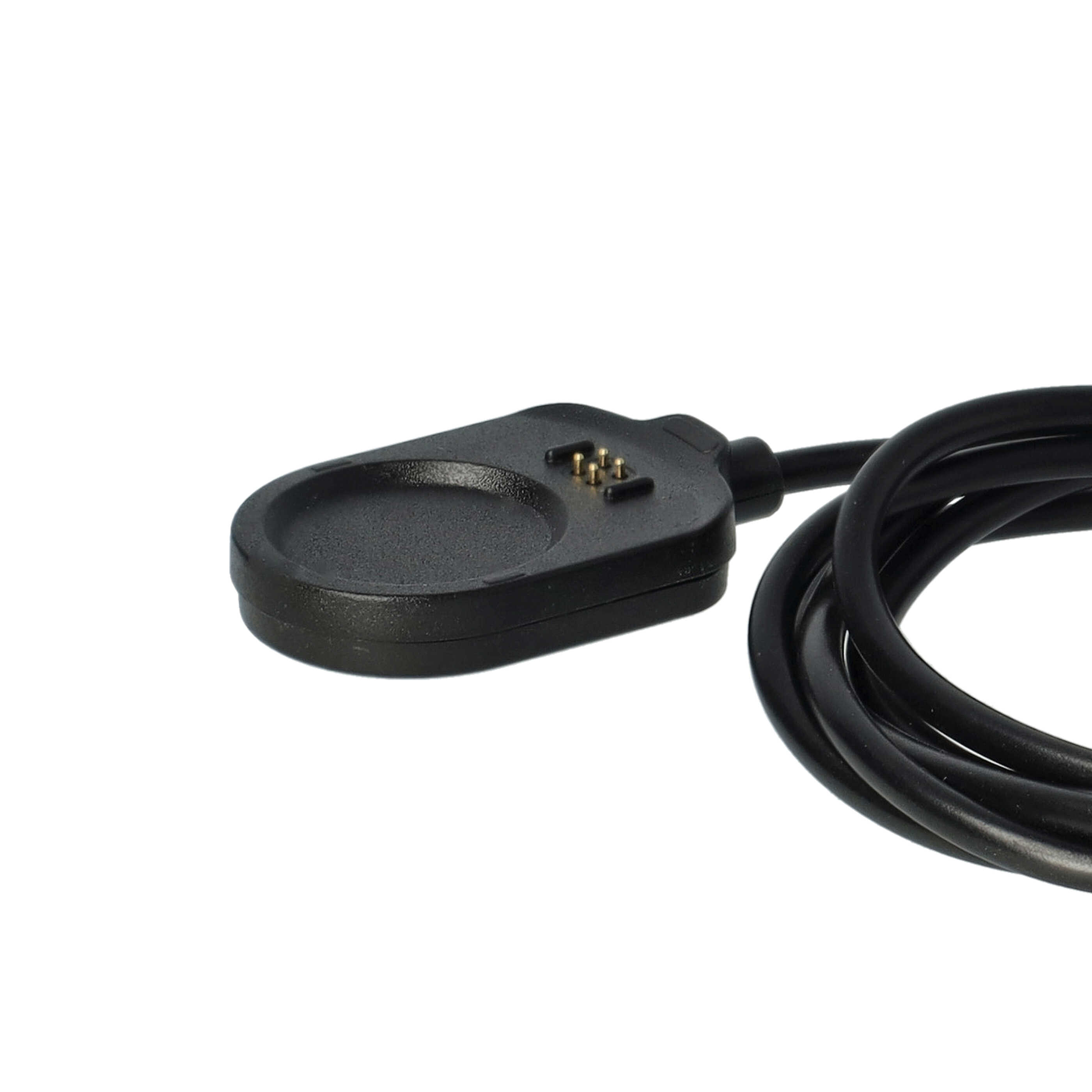 Ein schwarzes Smartwatch-Ladegerät. Es hat eine runde Ladebasis und ein schwarzes Kabel, das sich nach rechts erstreckt.