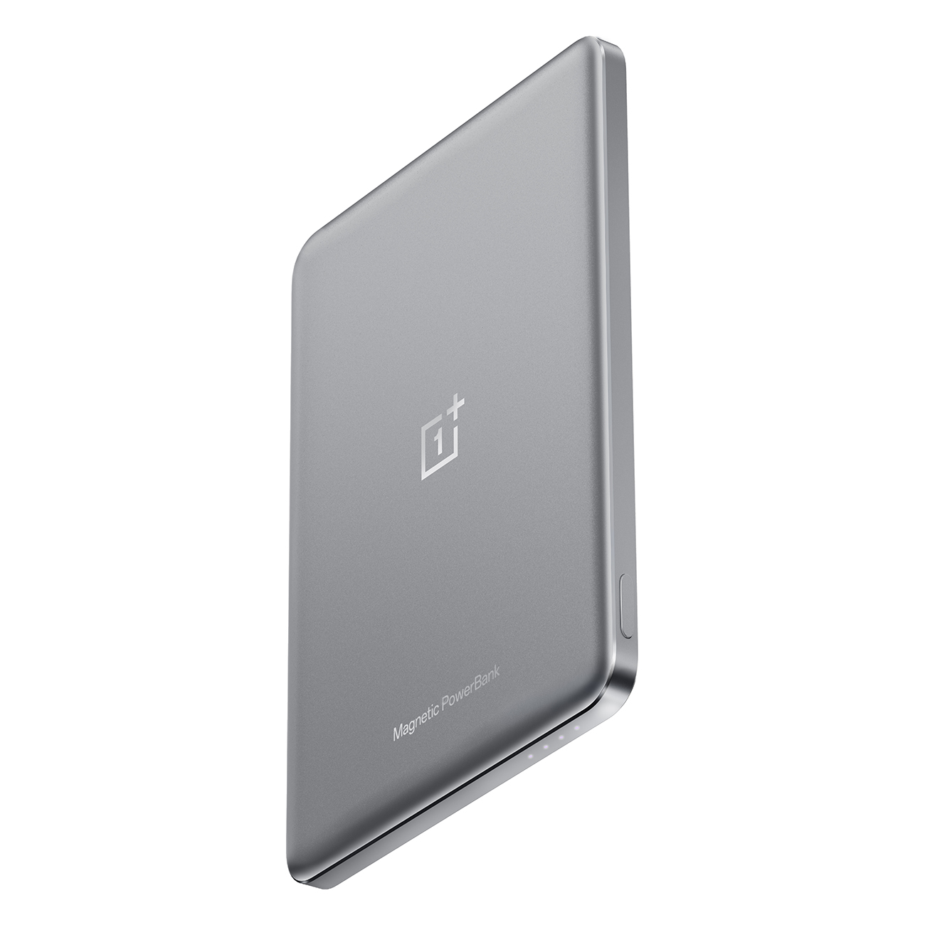 Graue OnePlus Magnetic PowerBank, schräge Ansicht. Das Gerät hat ein Logo und die Aufschrift 'Magnetic PowerBank'.