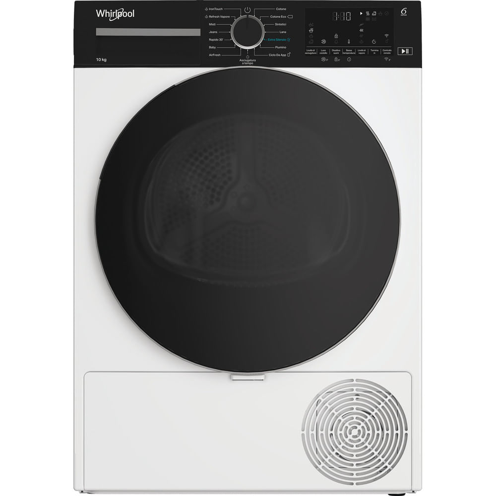 Un'asciugatrice Whirlpool bianca con porta e pannello di controllo neri. La porta è rotonda con un design centrale. È visibile una ventola inferiore.