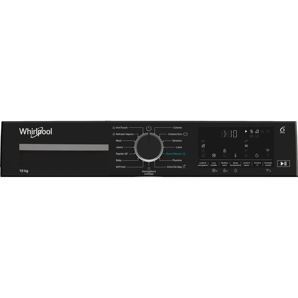 Pannello comandi lavatrice Whirlpool. Include opzioni programma, manopola centrale e display digitale con 8:88.