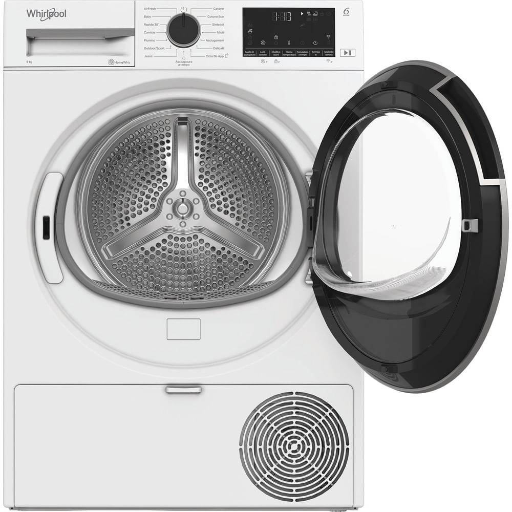 Un'asciugatrice Whirlpool bianca con porta nera aperta. Il cestello è visibile. Comandi e display in alto.