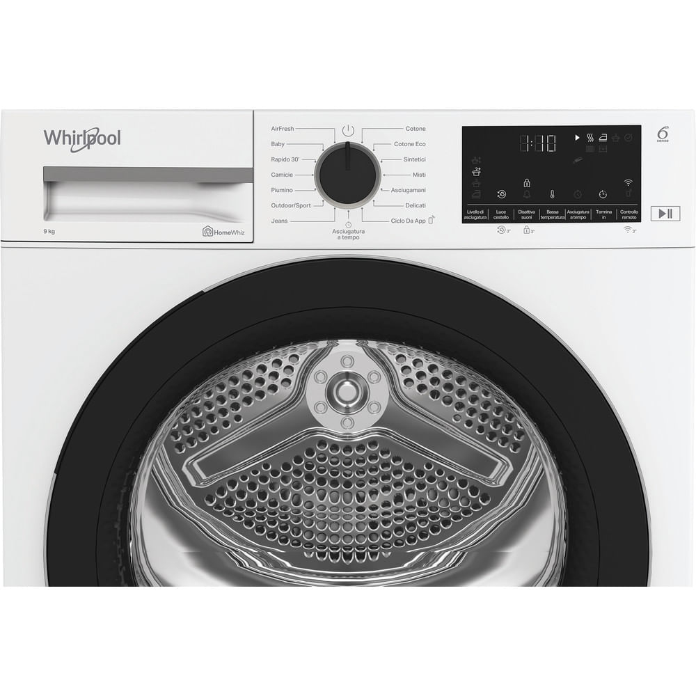 Un'asciugatrice Whirlpool bianca con porta nera. Ha un pannello di controllo con varie impostazioni e un display digitale.