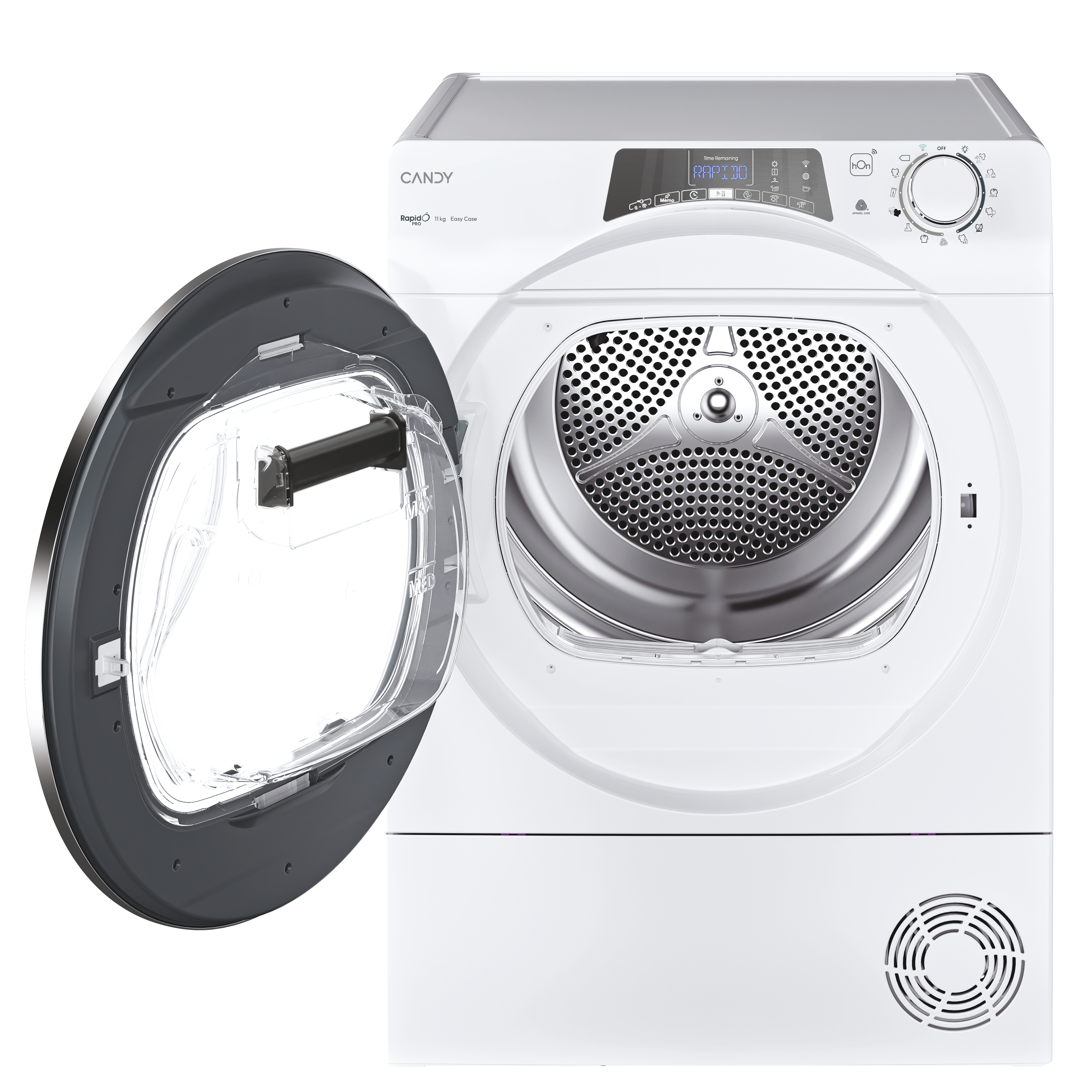 A white Candy dryer with door open, showing the drum. Control panel and dial are visible on top.