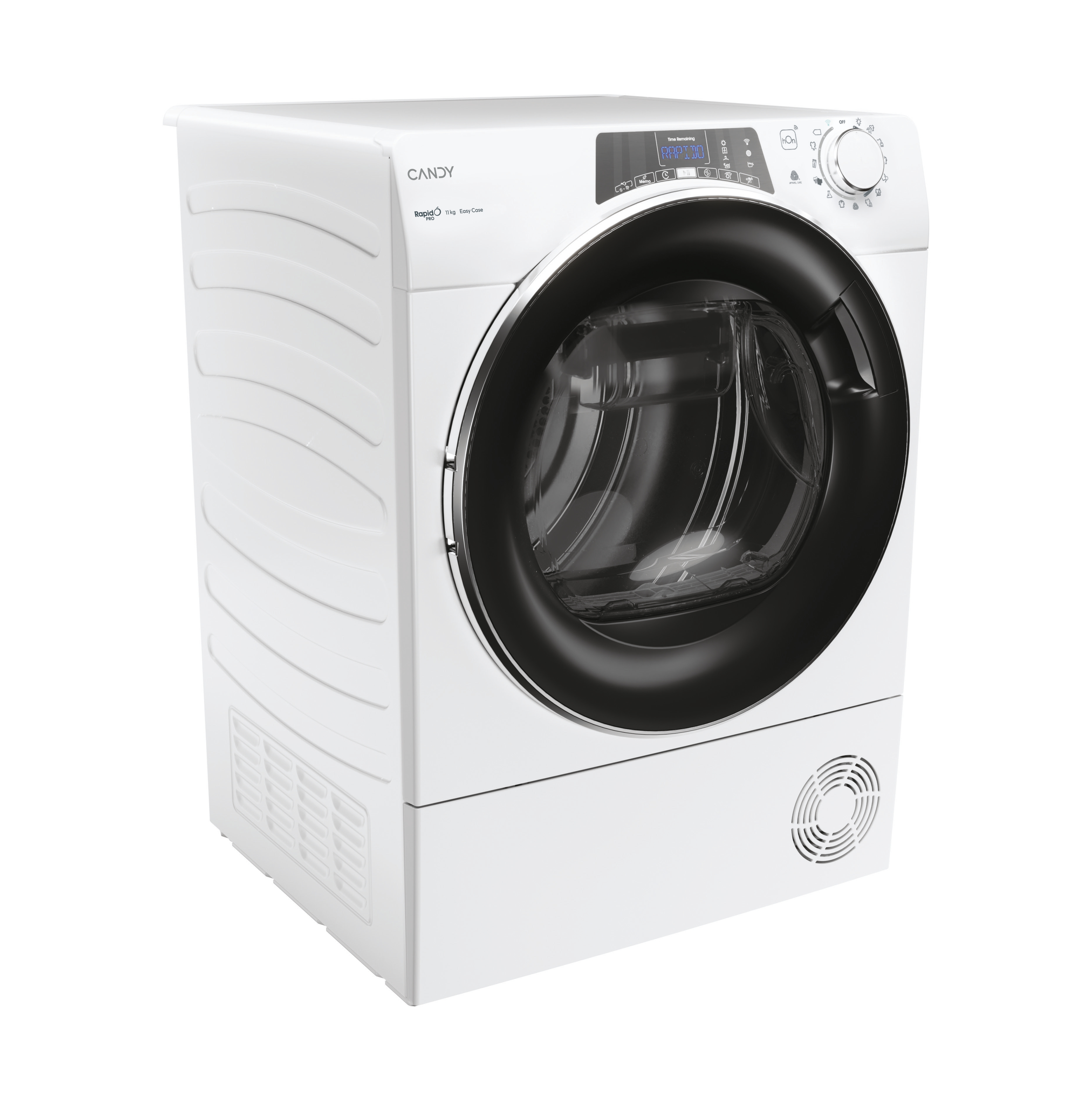A white Candy dryer. It has a black door, digital display, and a control knob on the top right side.