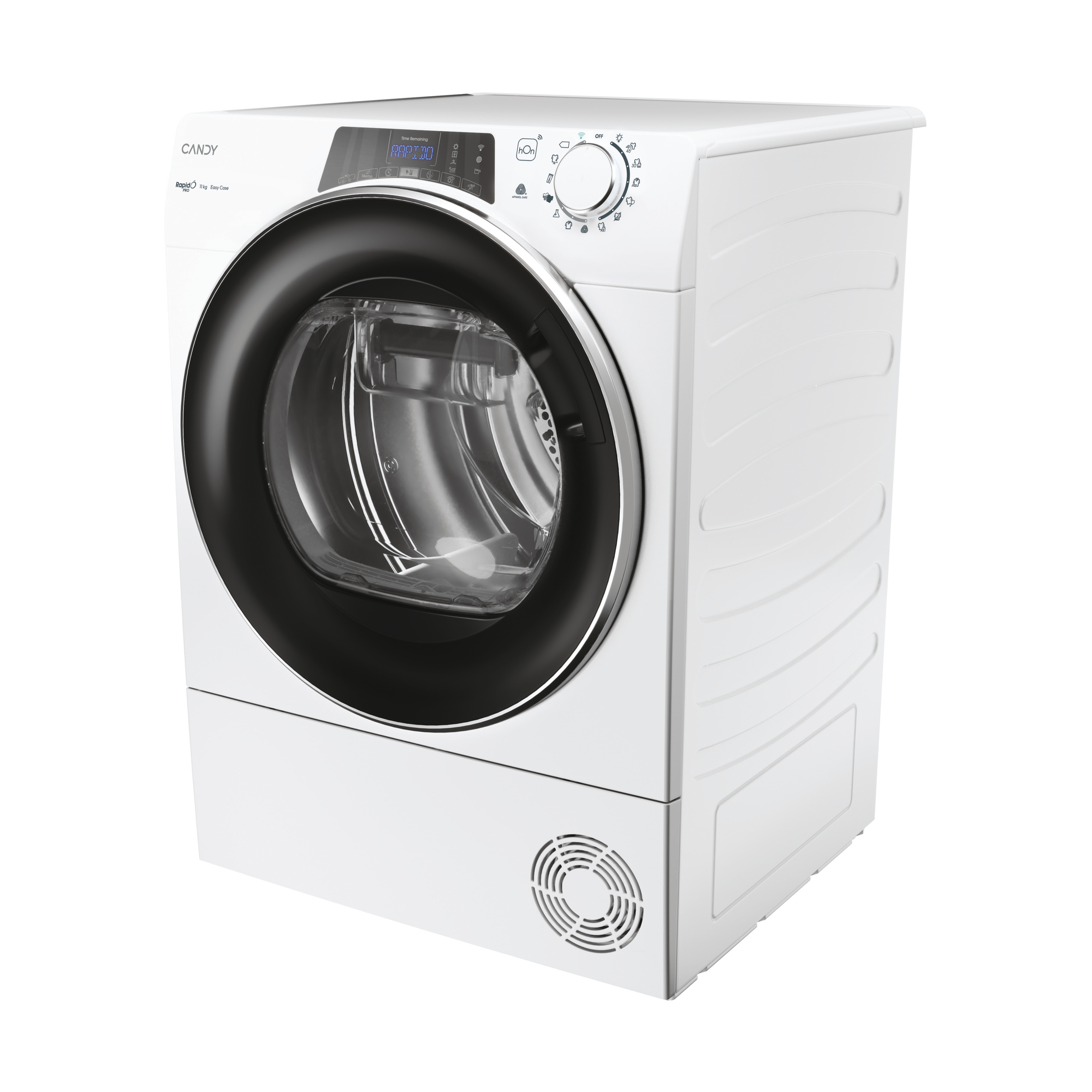 A white Candy dryer. It has a black door and control panel with a digital display and a dial.