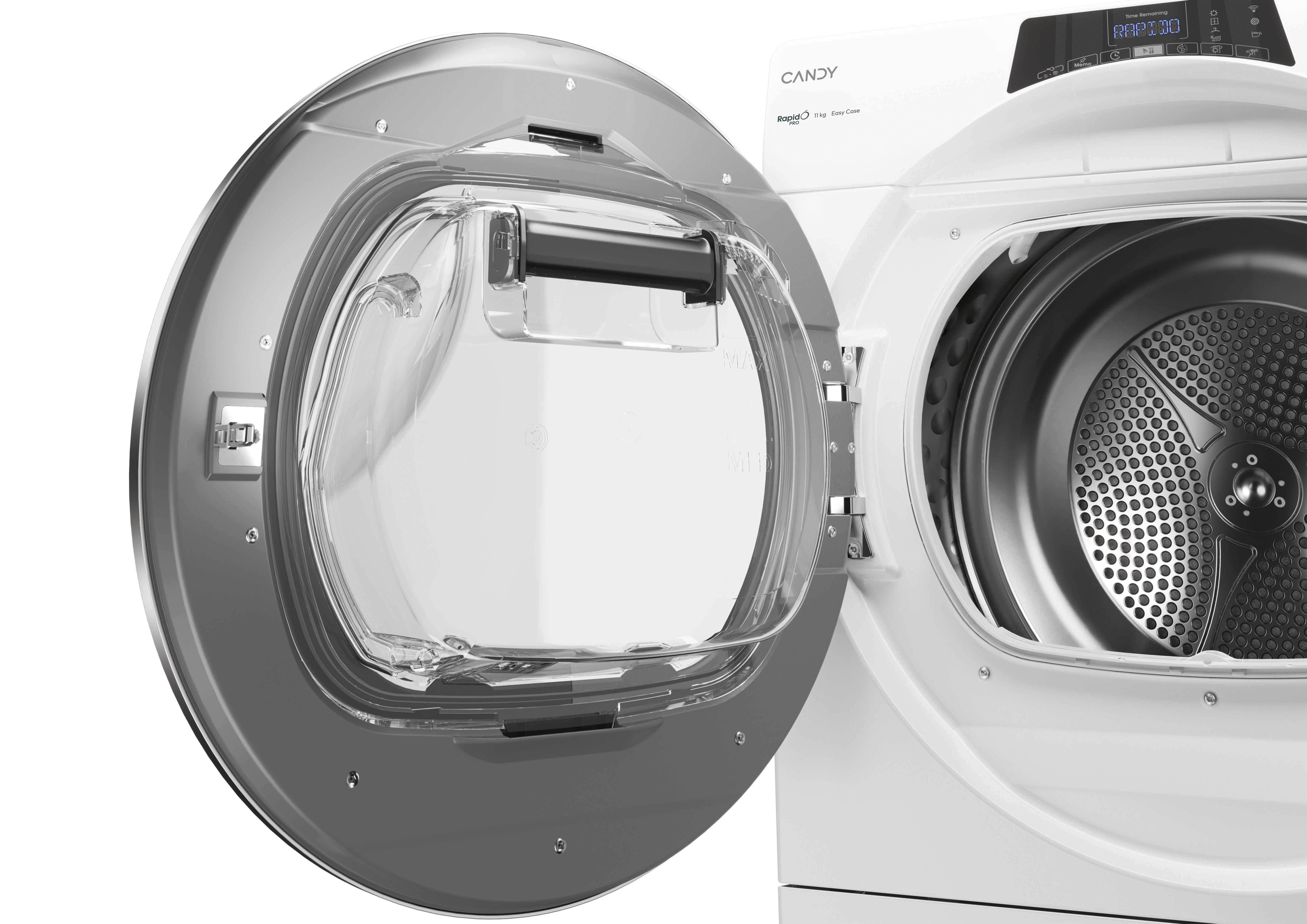 A white dryer with an open transparent door. The door is outlined in gray. The drum is visible. The Candy logo is on the dryer.