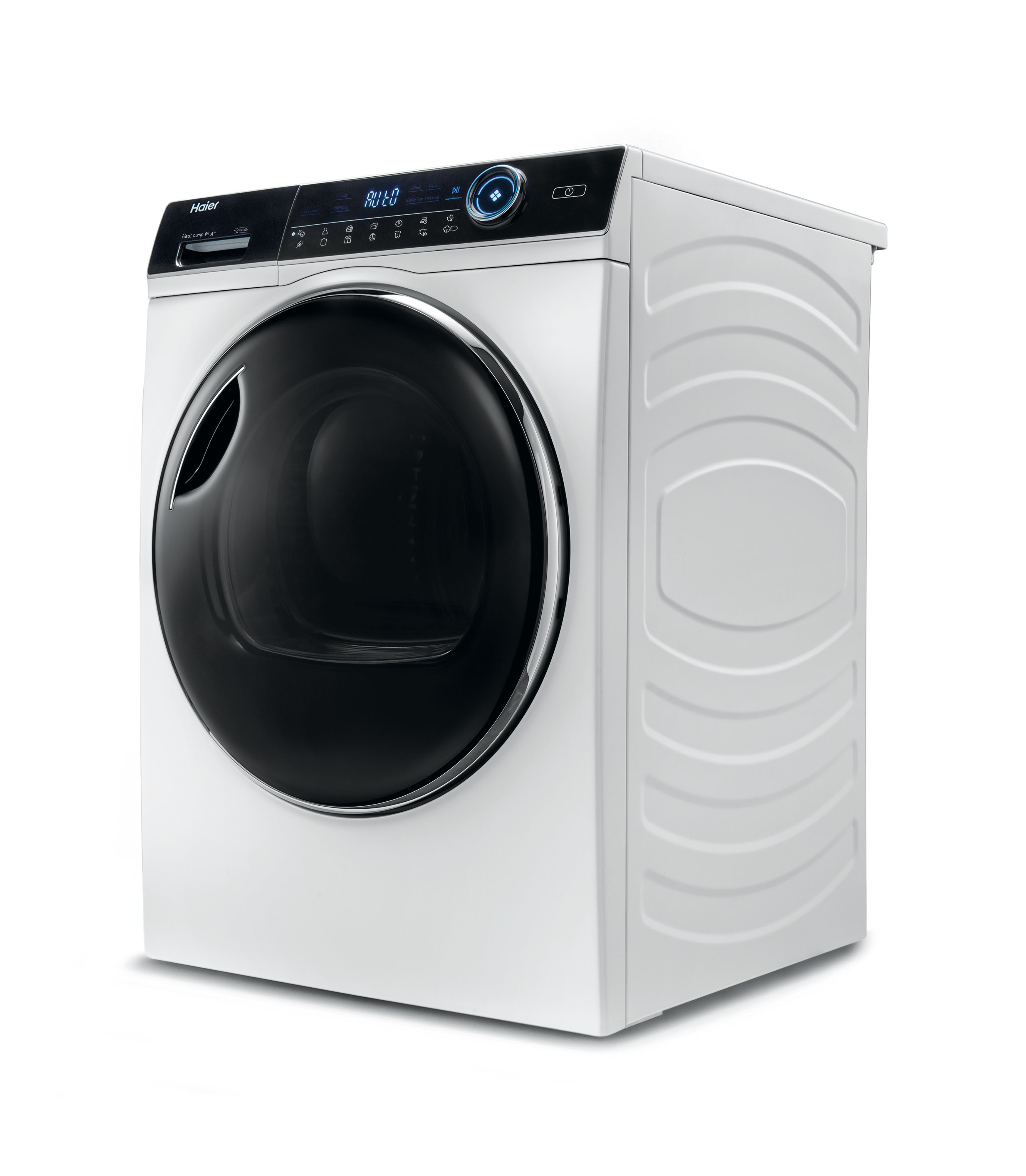 Una secadora Haier blanca con puerta y panel de control negros. La secadora está sobre un fondo blanco.