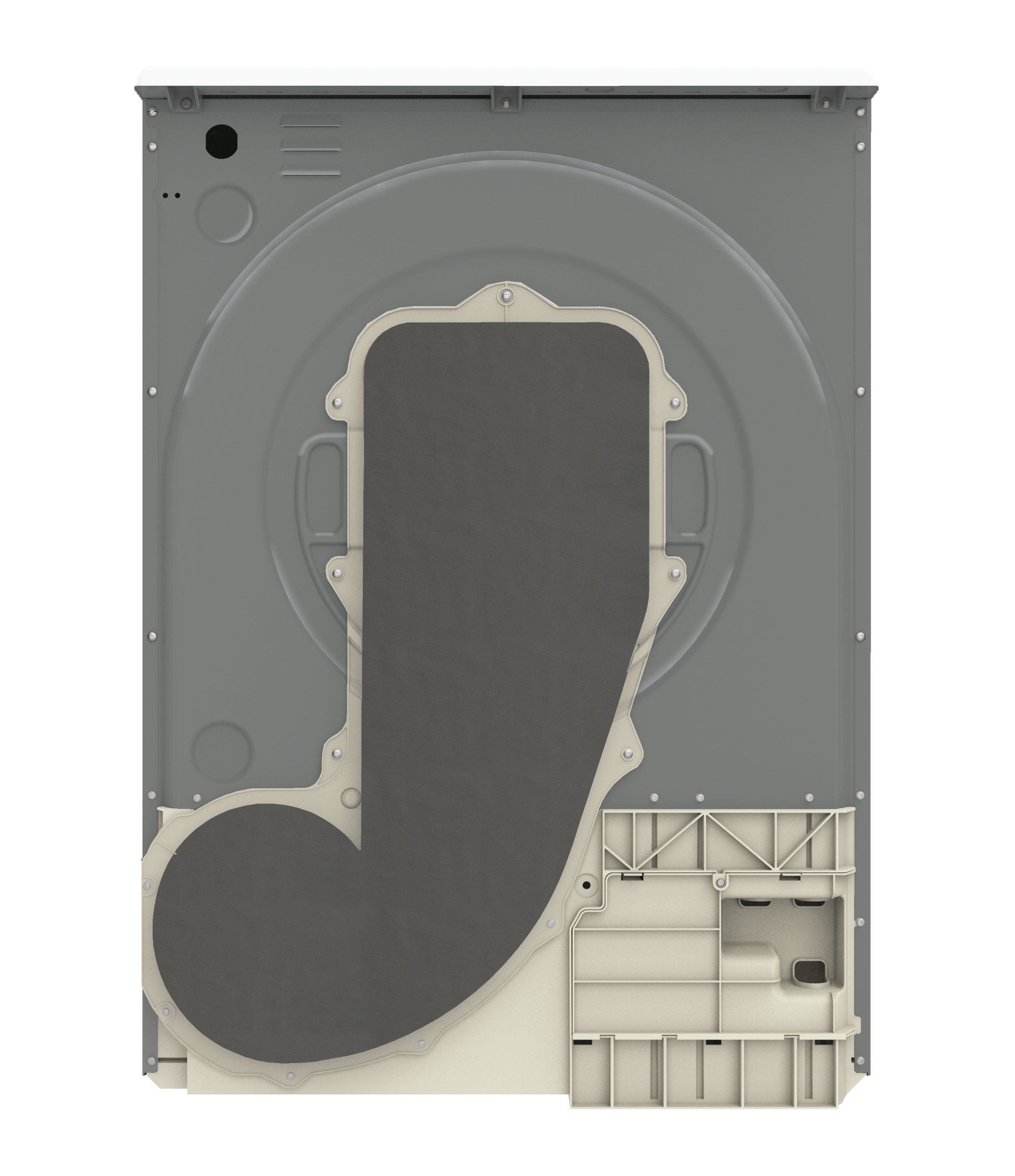 Widok z tyłu maszyny. Dominują kolory szary i biały. Duży, ciemnoszary panel pośrodku.