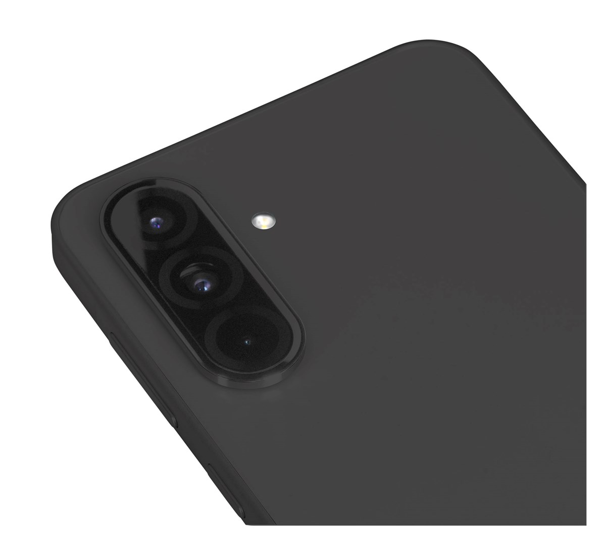 Gros plan de l'arrière d'un smartphone noir. Il possède trois objectifs de caméra en ligne et un flash. La surface est lisse.