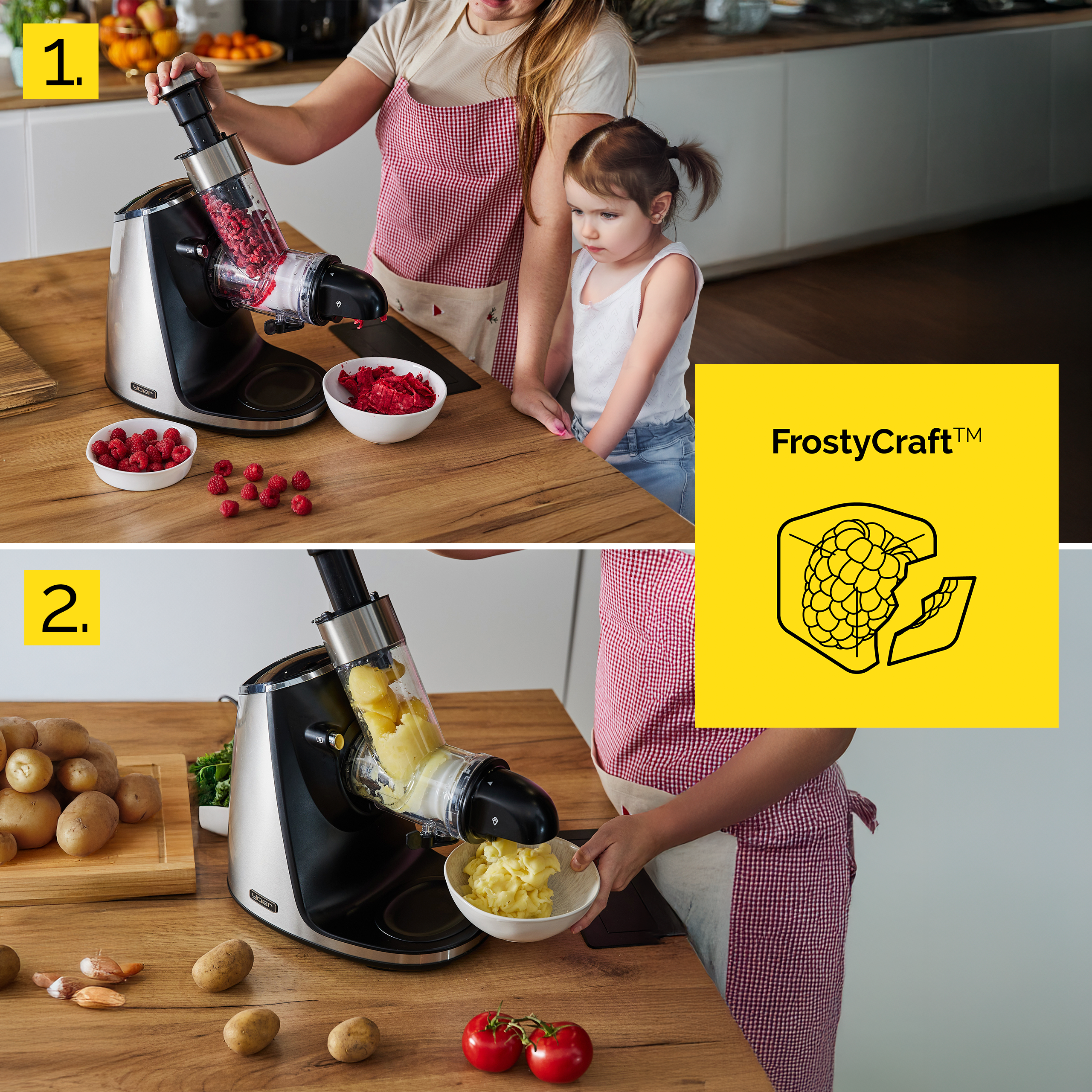 Kobieta i dziecko używają robota kuchennego. Na stole są maliny i ziemniaki.