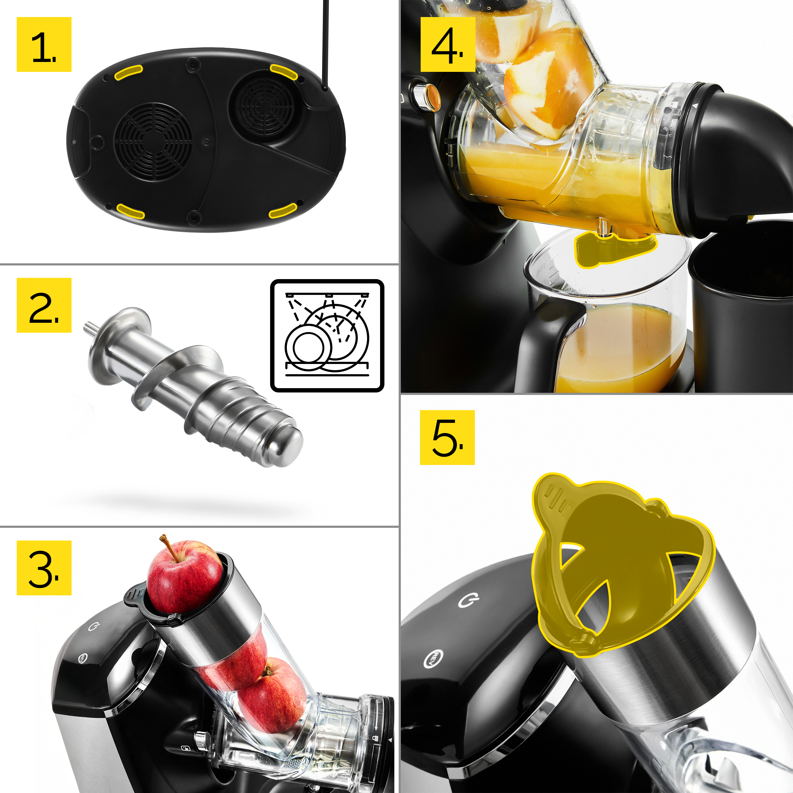 Wyżymacz do soku w częściach, w tym podstawa, śruba i części owoców. Widoczne są pomarańcze i jabłka.