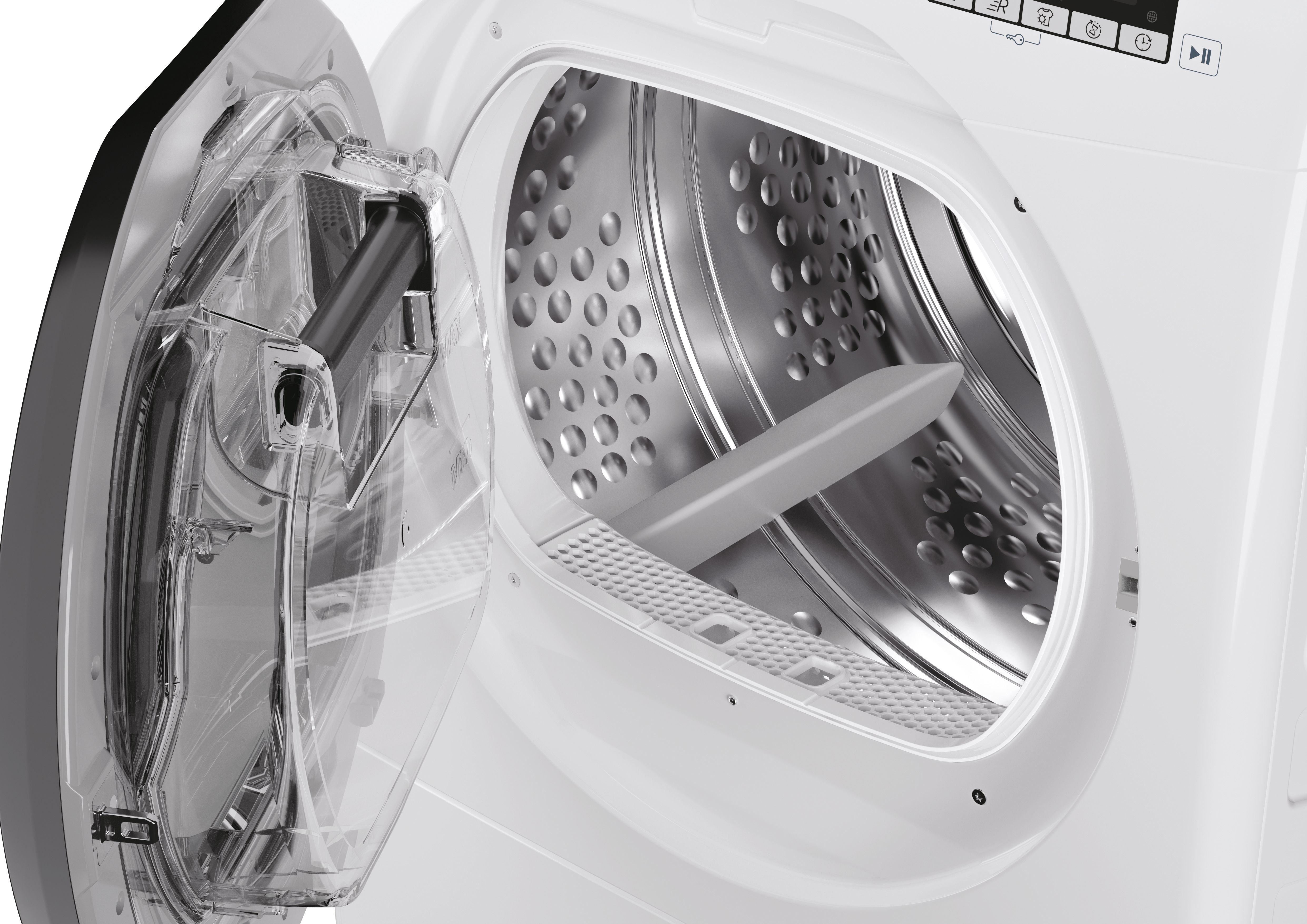 Offene Trocknermaschine mit transparenter Tür. Im Inneren ist eine sich drehende Trommel mit grauer Klinge zu sehen.