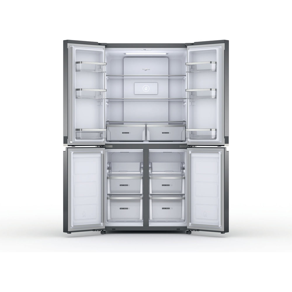 Ein moderner, offener Kühlschrank. Der obere Bereich zeigt Regale und Schubladen. Der untere Bereich zeigt Gefrierfächer. Alle Türen sind offen.