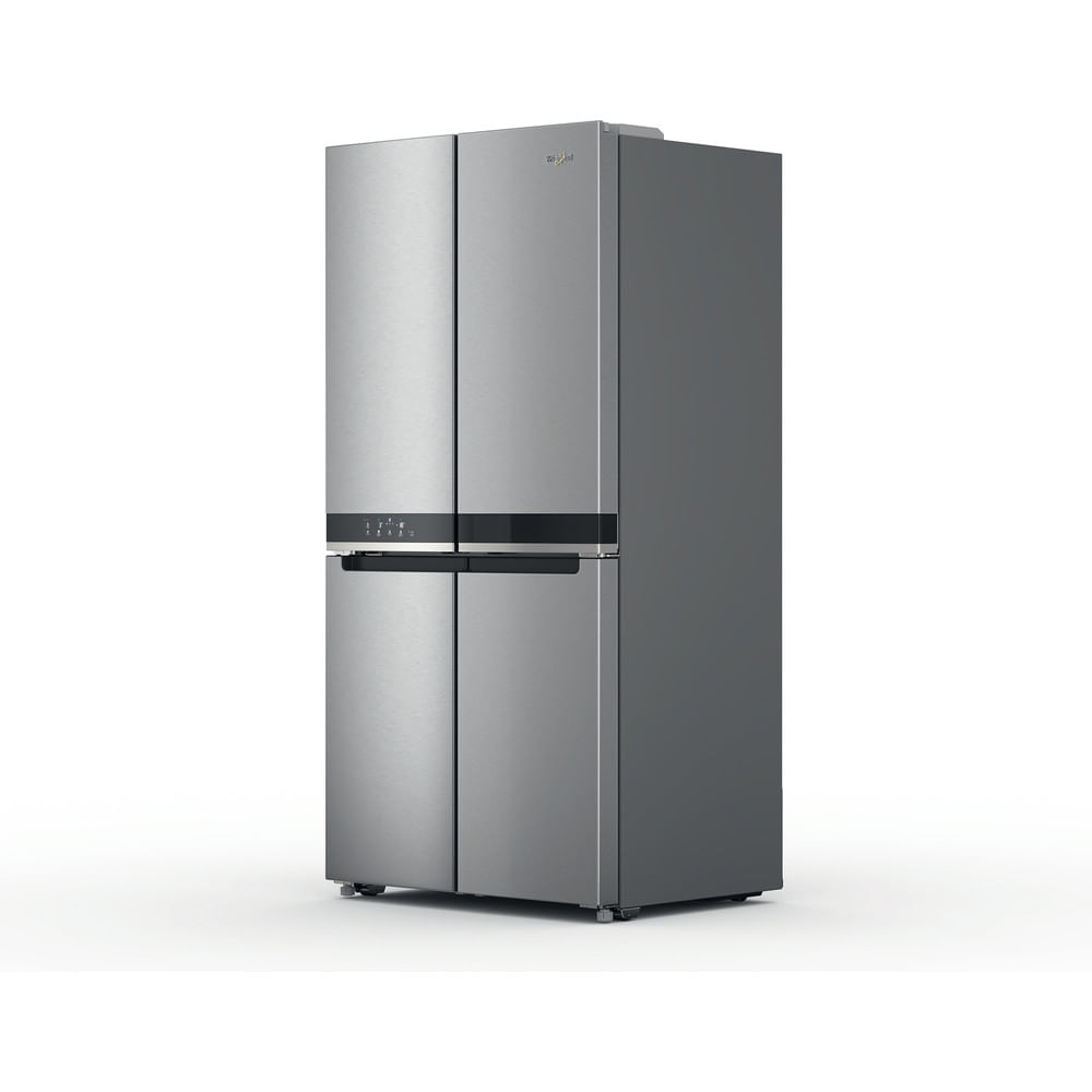 Ein moderner Whirlpool-Kühlschrank aus Edelstahl mit vier Türen. Er steht vor weißem Hintergrund, das Whirlpool-Logo ist sichtbar.