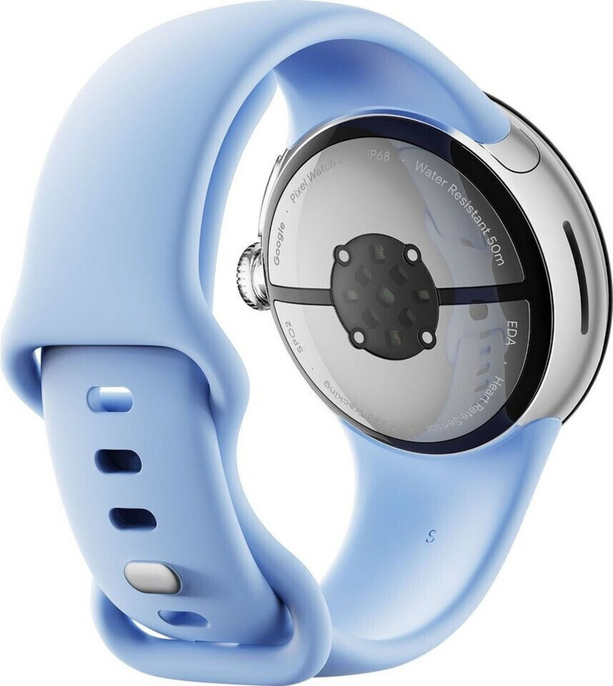 Eine hellblaue Google Pixel Watch 2 mit passendem Armband. Die Rückseite der Uhr ist silberfarben, das Armband gebogen.