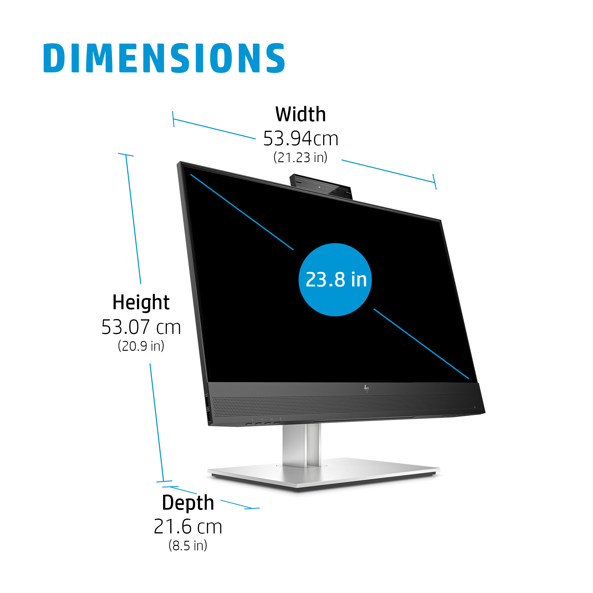 Un monitor de ordenador con dimensiones etiquetadas. Muestra el ancho, la altura y la profundidad en cm y pulgadas. 23,8 pulgadas están en un círculo azul.