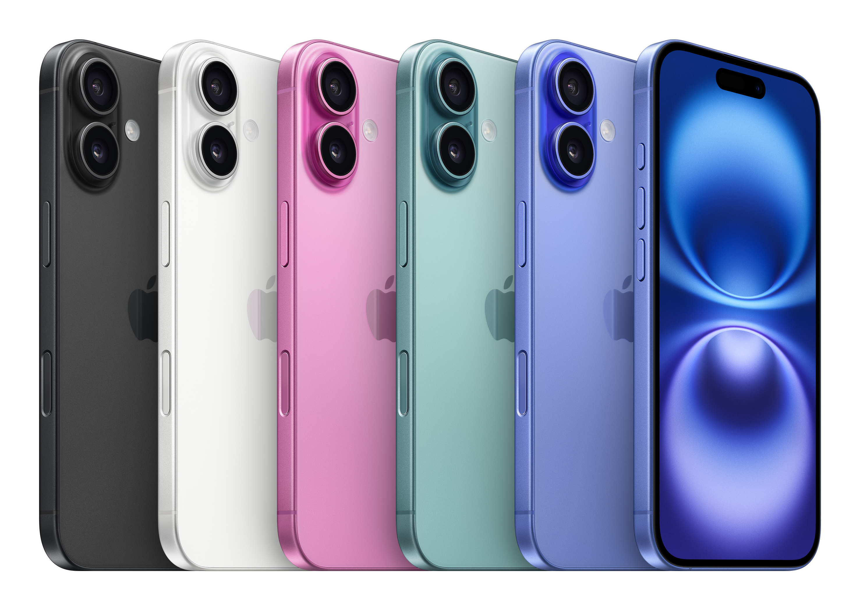Zdjęcie przedstawia sześć kolorowych smartfonów: czarny, biały, różowy, zielony, fioletowy i niebieski. Każdy ma podwójny aparat i logo Apple.