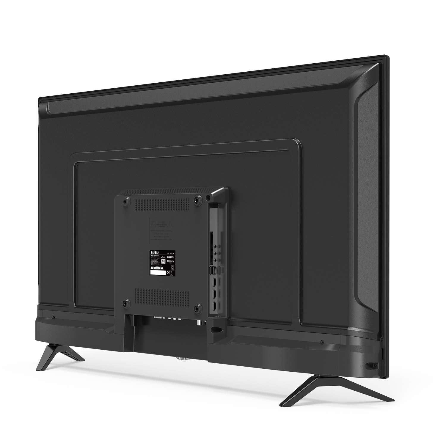 Rückansicht eines schwarzen Flachbildfernsehers auf weißem Hintergrund. Der Fernseher hat zwei schwarze Beine. Anschlüsse und Etiketten sind sichtbar.