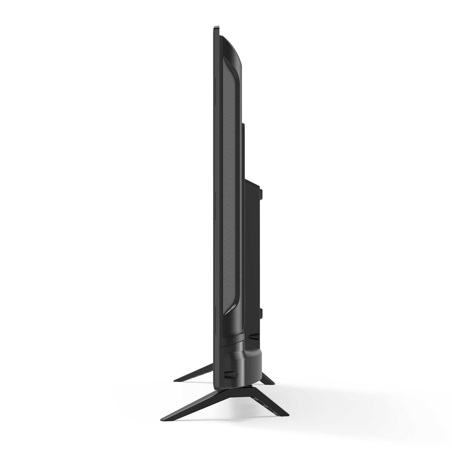 Seitenansicht eines schwarzen Flachbildfernsehers auf weißem Hintergrund. Der Fernseher steht auf schwarzen Beinen.