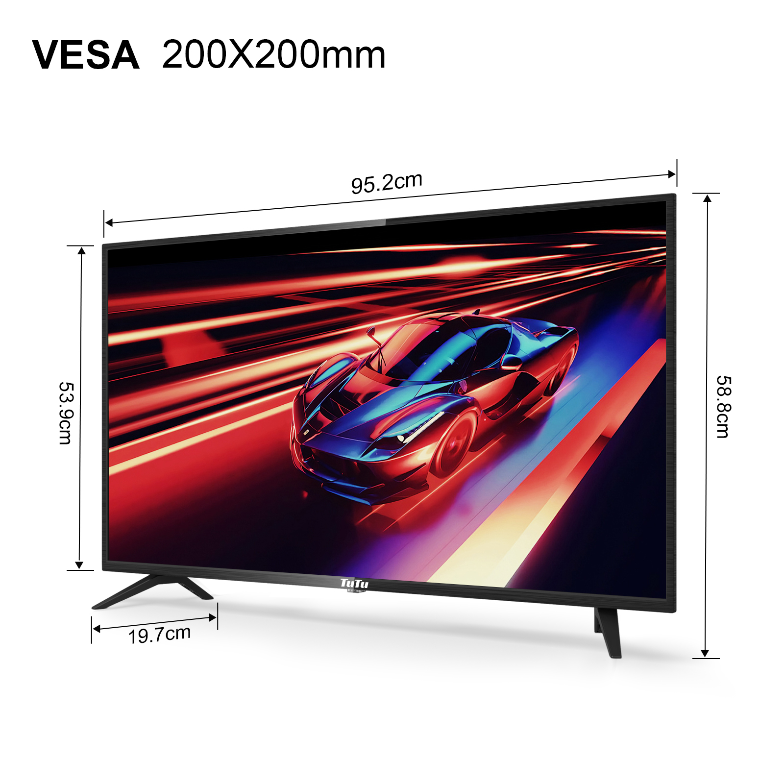 Ein Fernseher zeigt ein Autobild. Maße sind markiert: 95,2 cm Breite, 58,8 cm Höhe, 53,9 cm Bildschirmhöhe und 19,7 cm Tiefe.