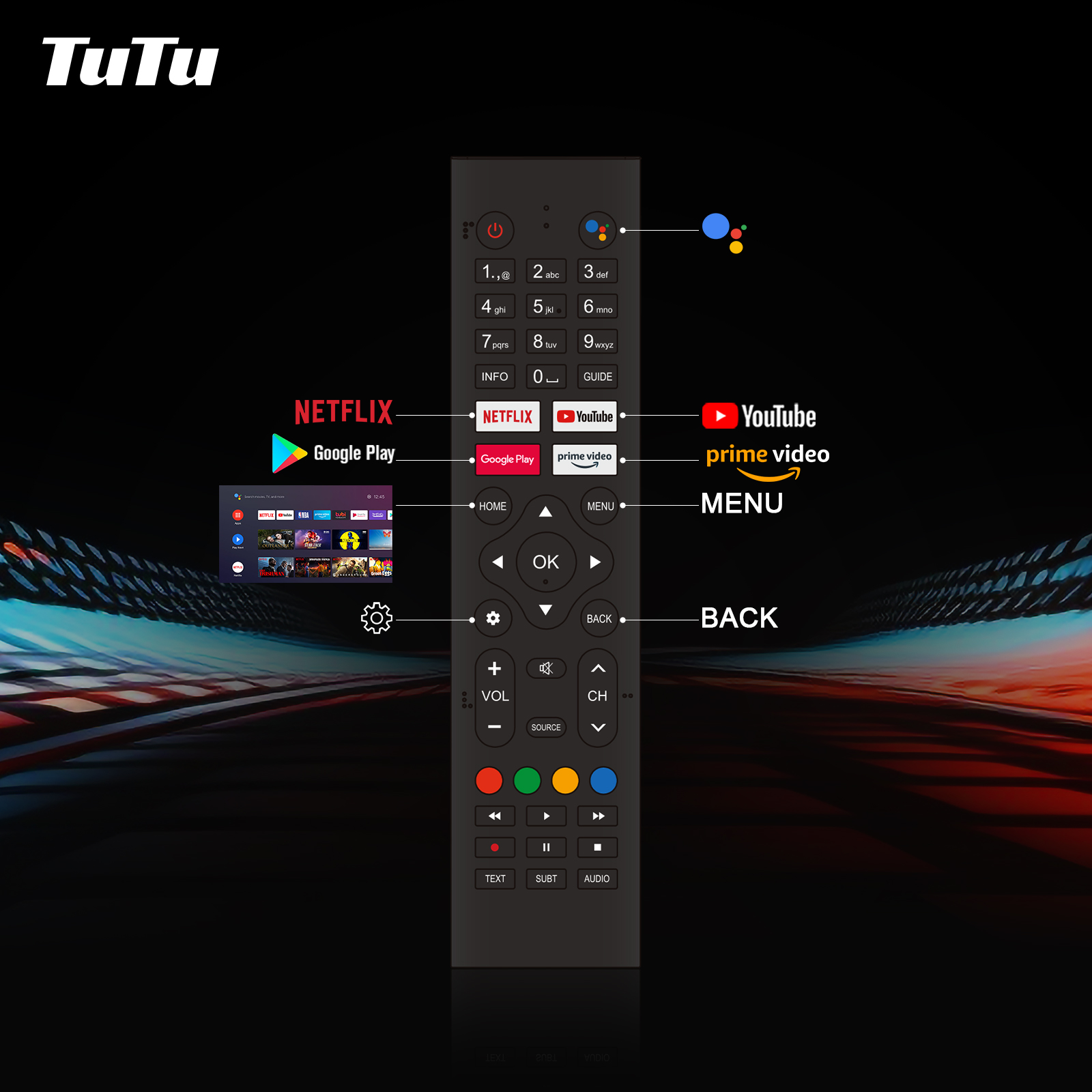 Eine TV-Fernbedienung mit Tasten für Netflix, YouTube, Google Play und Prime Video. Sie hat ein schwarzes Gehäuse und bunten Hintergrund.