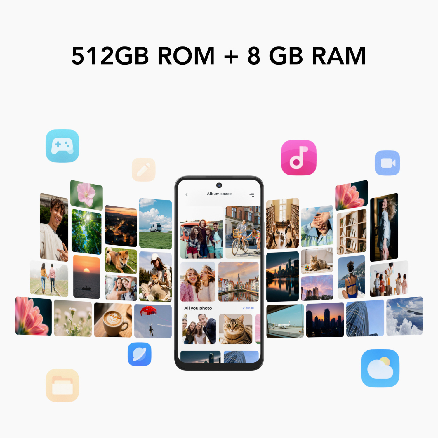 Telefon wyświetla zdjęcia. Jest otoczony ikonami aplikacji i obrazami. U góry widnieje tekst: 512GB ROM + 8 GB RAM.