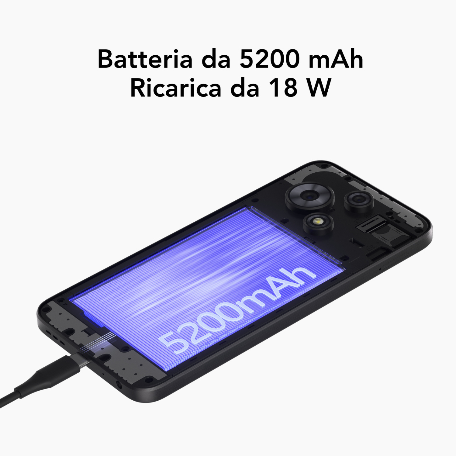 Czarny smartfon z niebieskim ekranem z 5200mAh. Podłączony kabel do ładowania. Tekst: 'Batteria da 5200 mAh'.
