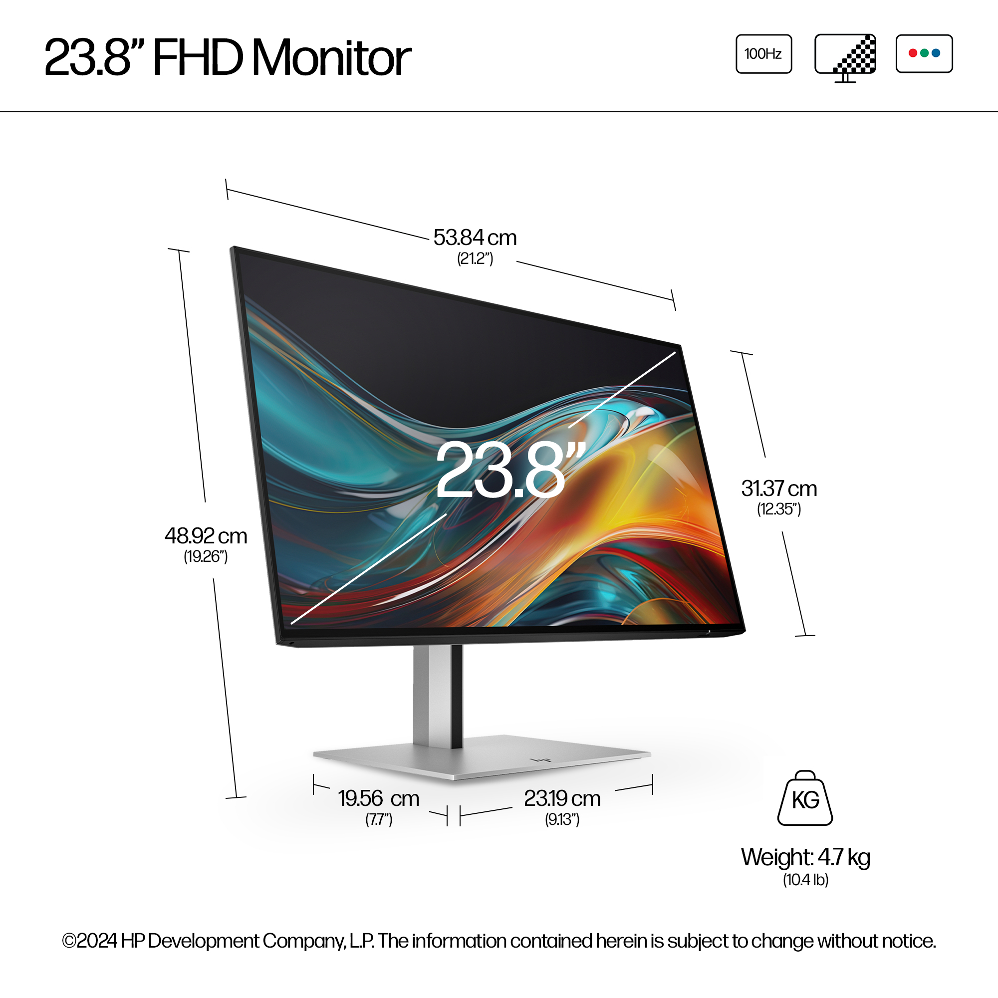 Un monitor FHD de 23,8" con dimensiones. La pantalla muestra arte abstracto. El peso es de 4,7 kg. Contiene 100Hz e iconos.