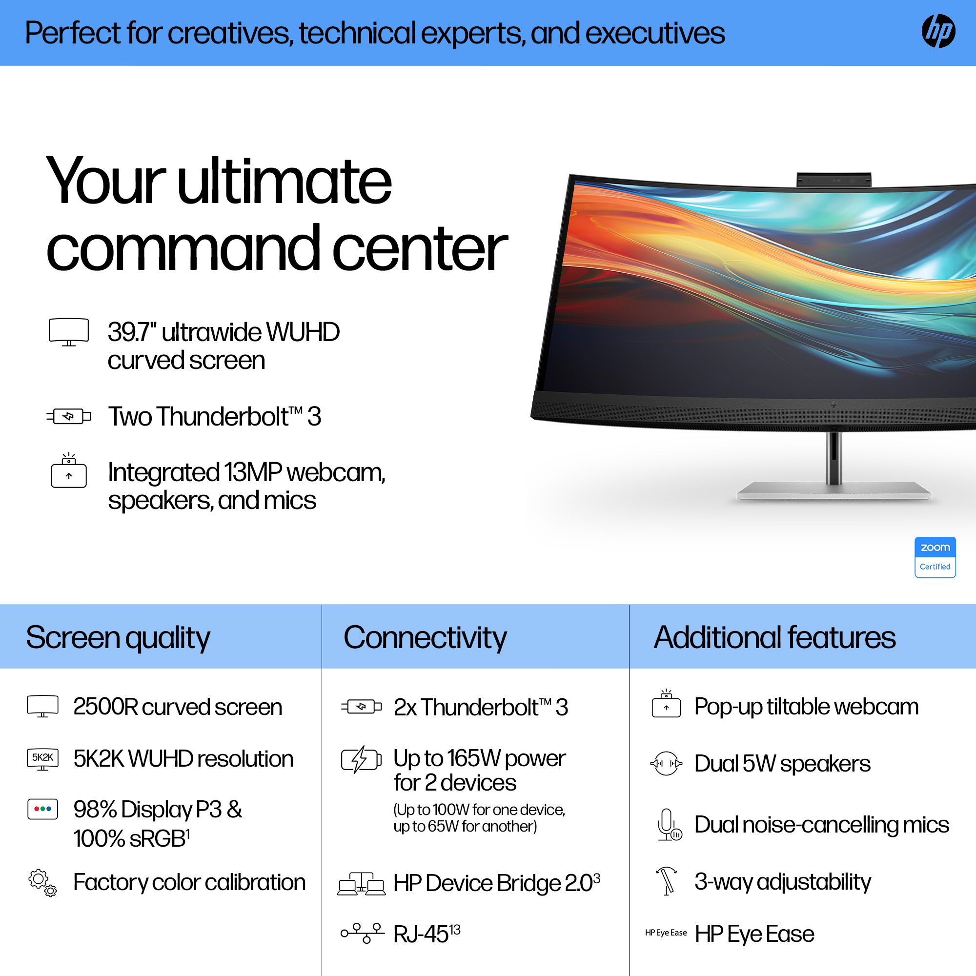 Un monitor curvo muestra gráficos coloridos. Tiene una webcam y un texto describe pantalla, conectividad y características adicionales.