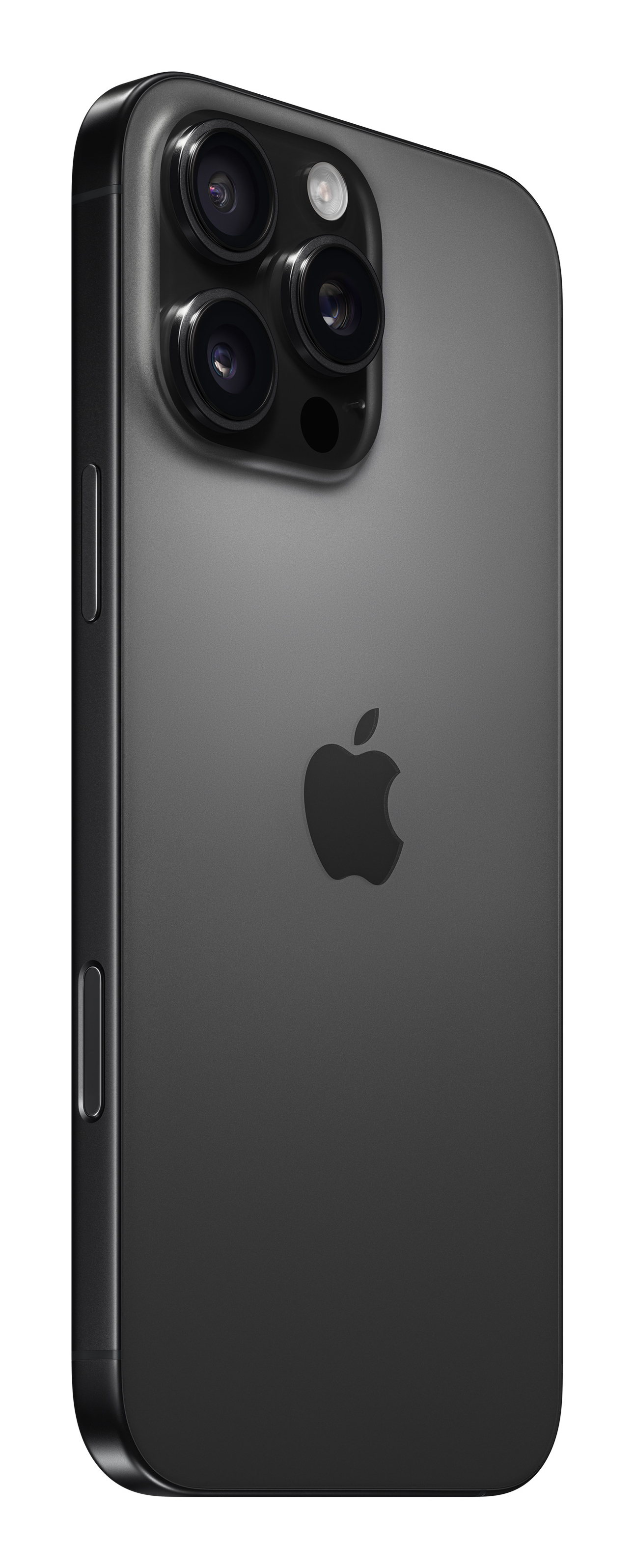 Ciemnoszary iPhone z potrójnym obiektywem aparatu. Widoczne logo Apple. Telefon jest pod kątem, pokazując boczne przyciski.