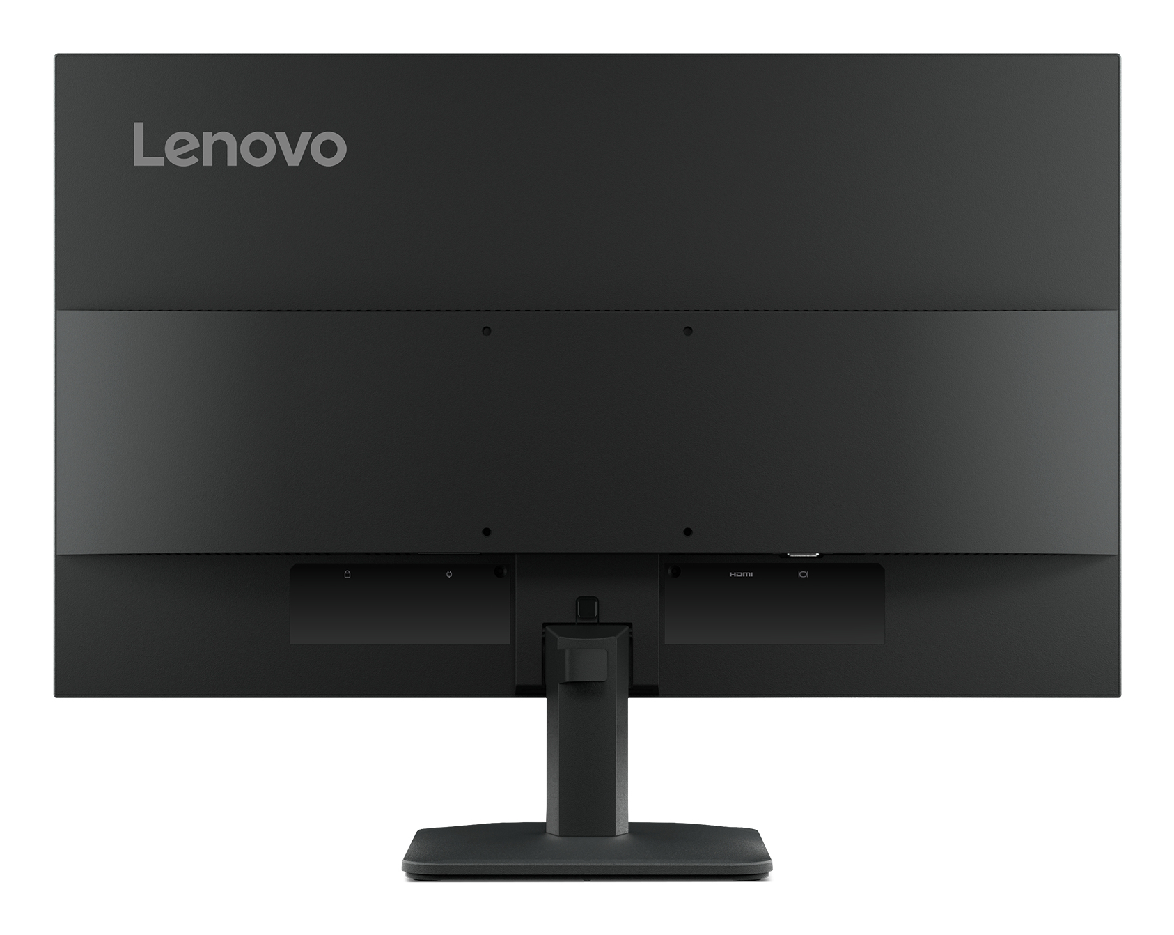 Vista posteriore di un monitor Lenovo nero con supporto. Ha porte in basso e il logo Lenovo in alto.