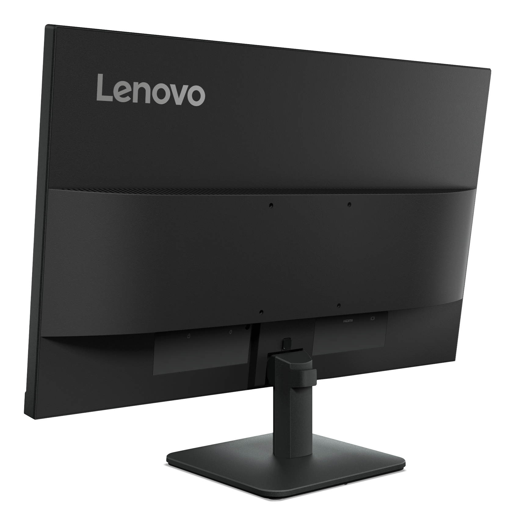 Vista posteriore di un monitor Lenovo nero su un supporto nero. Il logo Lenovo è visibile.