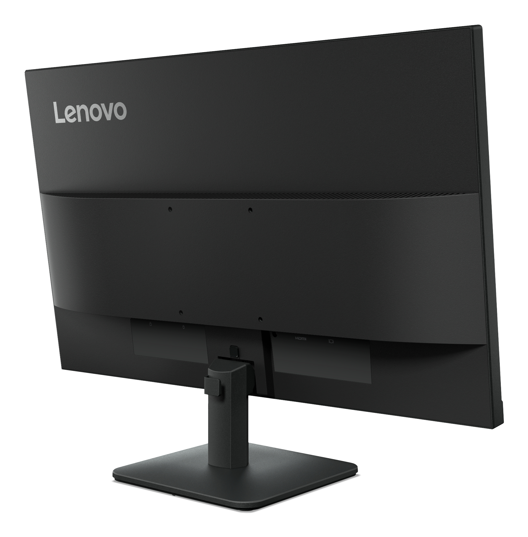 Vista posteriore di un monitor Lenovo nero su un supporto nero. Il logo Lenovo è visibile.