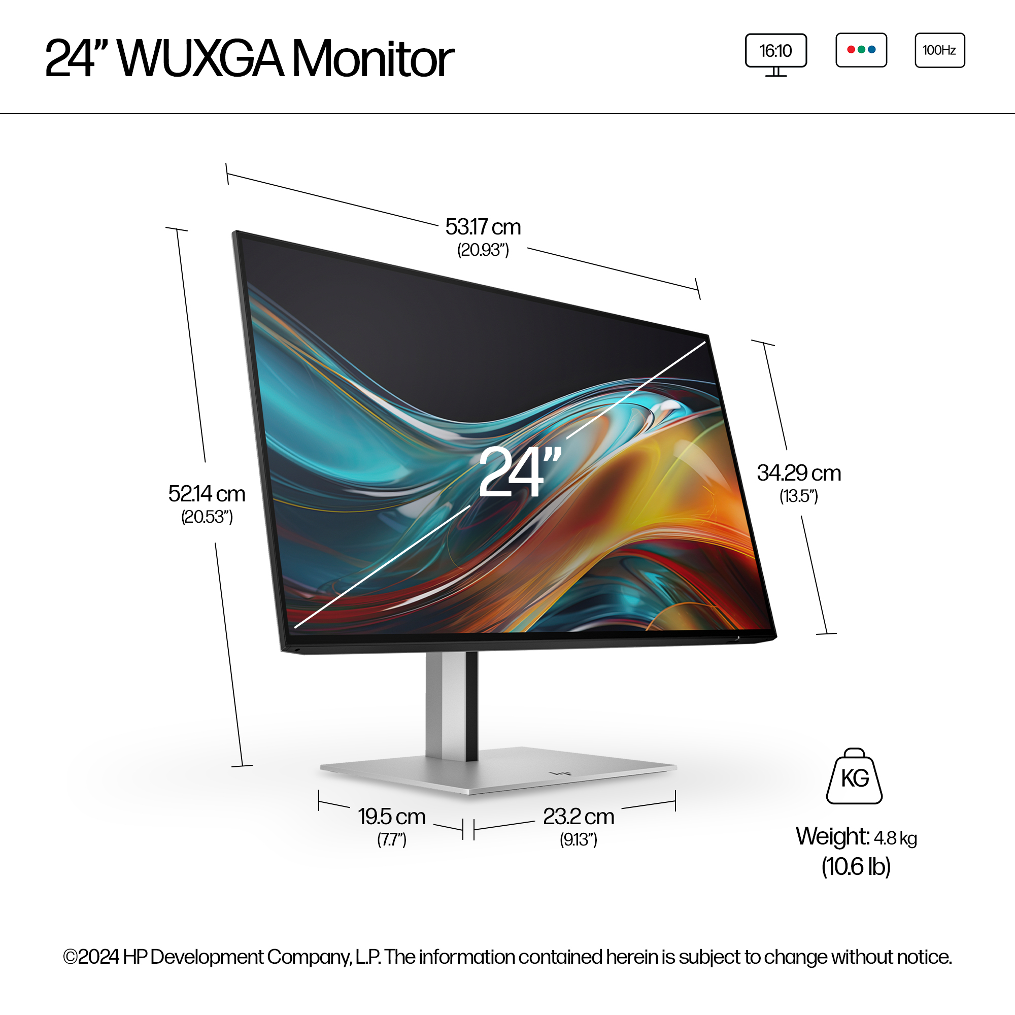 Un monitor HP WUXGA de 24 pulgadas. Se muestran las dimensiones. Tiene un soporte plateado y una pantalla abstracta colorida.
