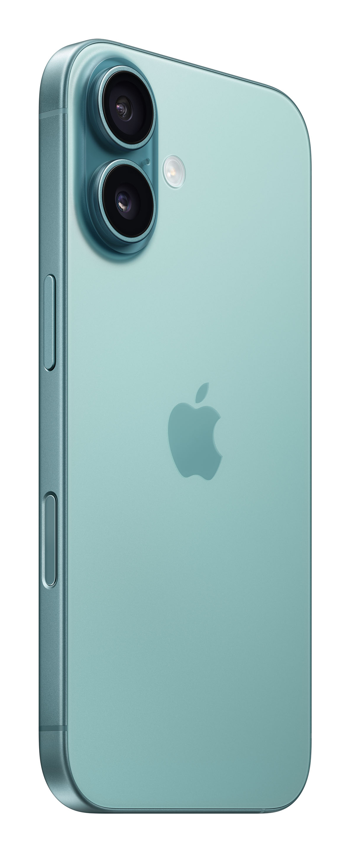 Teal iPhone, widok z tyłu, z dwoma aparatami i logo Apple. Telefon jest na białym tle.